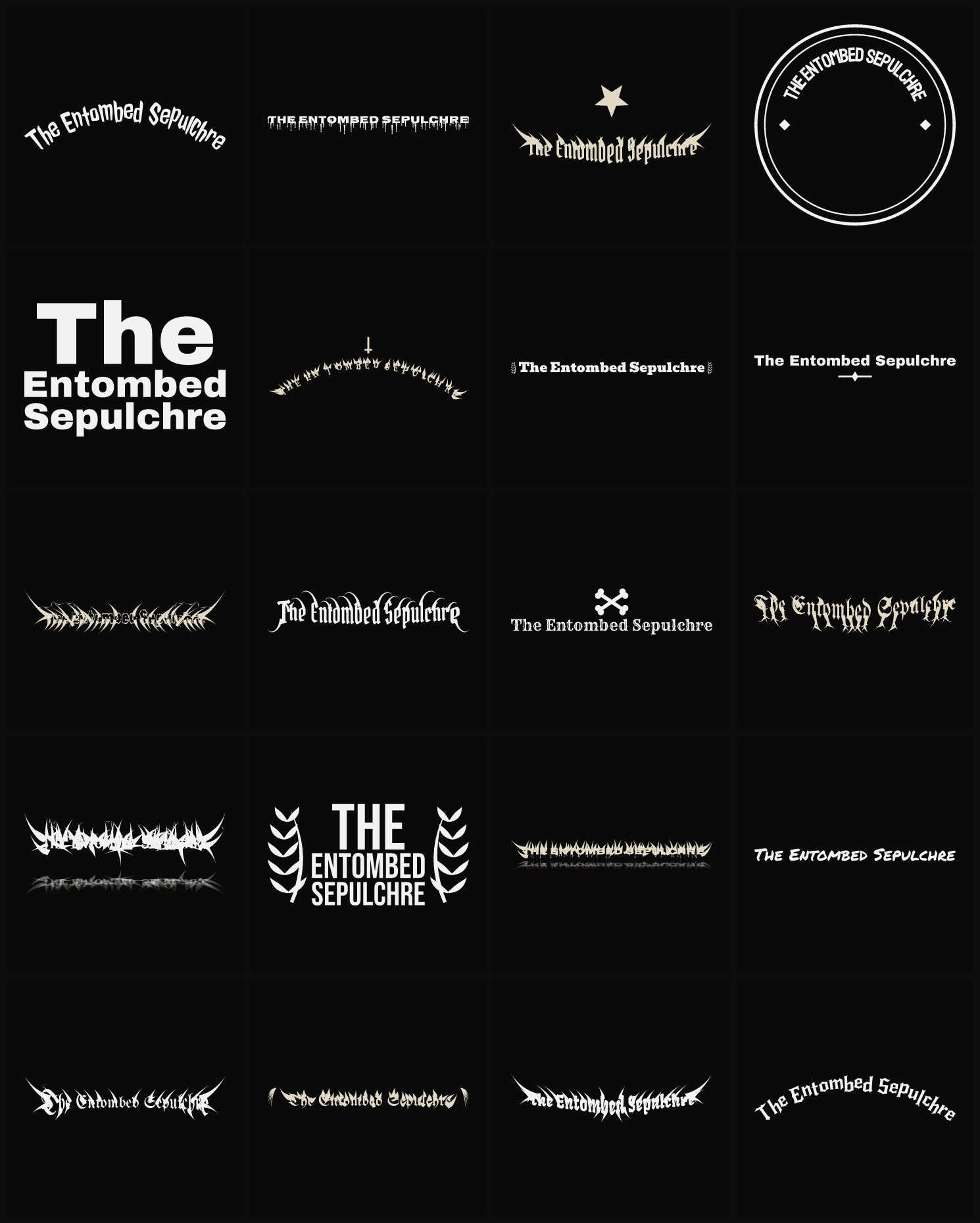 Twenty The Entombed Sepulchre band logo ideas — different faces, treatments and spike settings