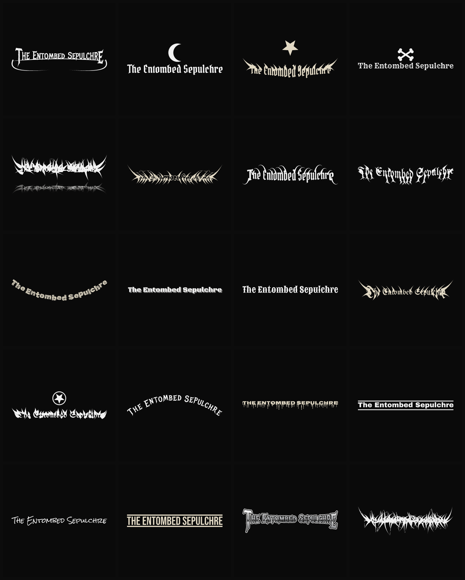Twenty The Entombed Sepulchre band logo ideas — different faces, treatments and spike settings