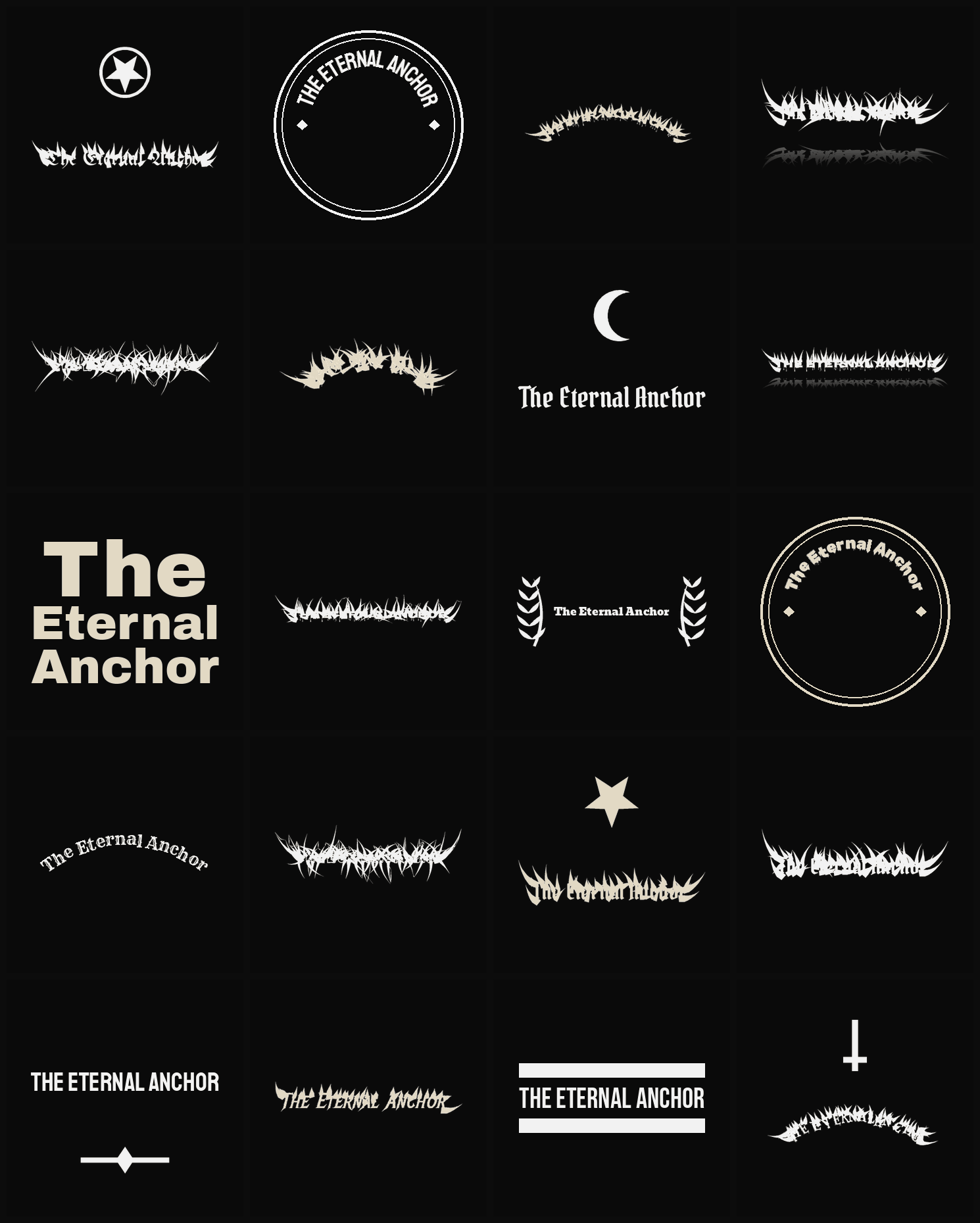 Twenty The Eternal Anchor band logo ideas — different faces, treatments and spike settings