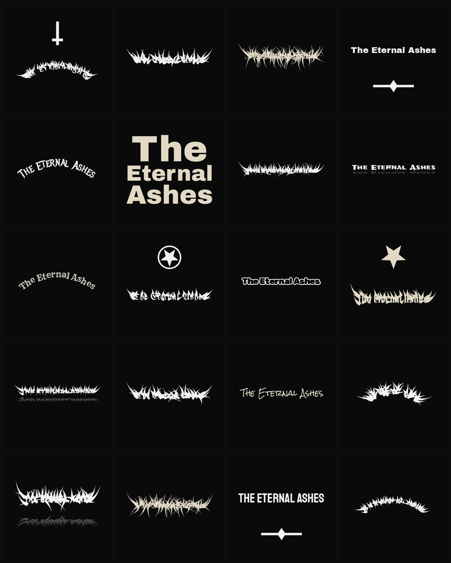 Twenty The Eternal Ashes band logo ideas — different faces, treatments and spike settings
