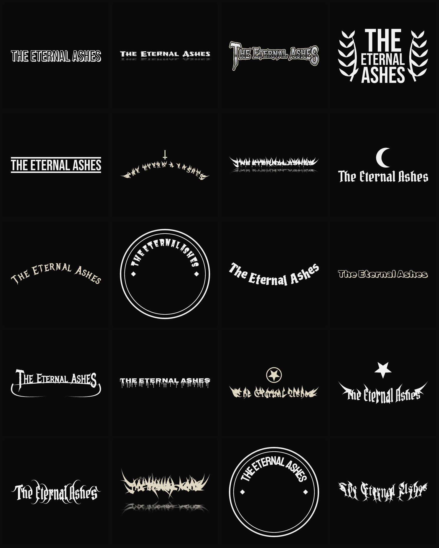 Twenty The Eternal Ashes band logo ideas — different faces, treatments and spike settings