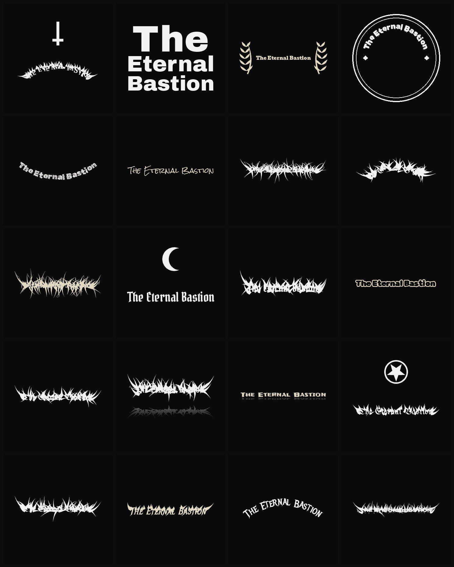 Twenty The Eternal Bastion band logo ideas — different faces, treatments and spike settings