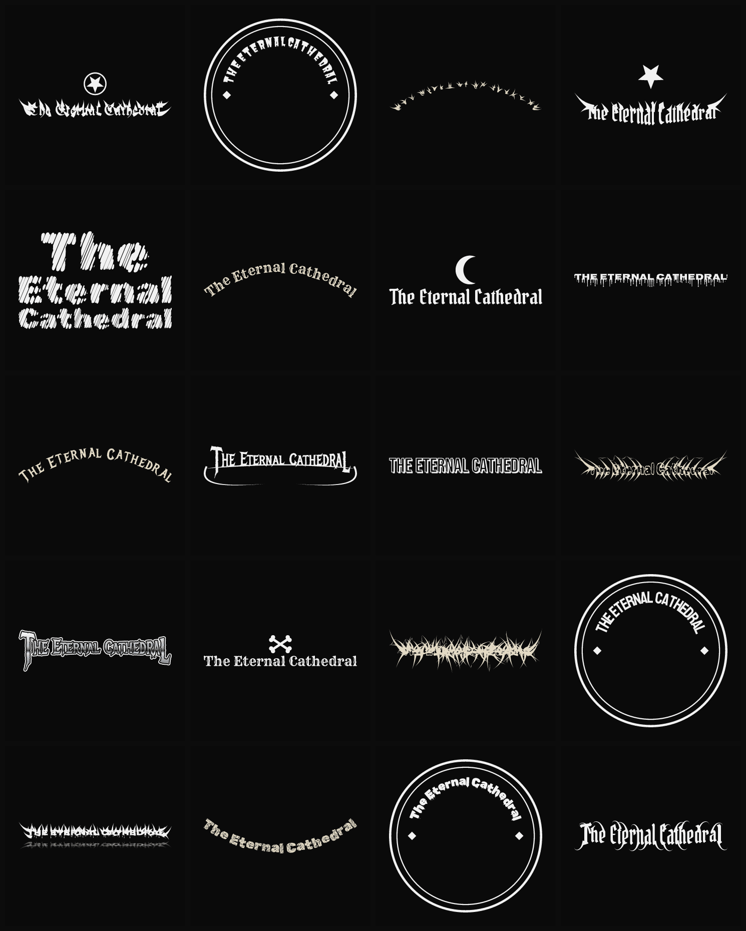 Twenty The Eternal Cathedral band logo ideas — different faces, treatments and spike settings