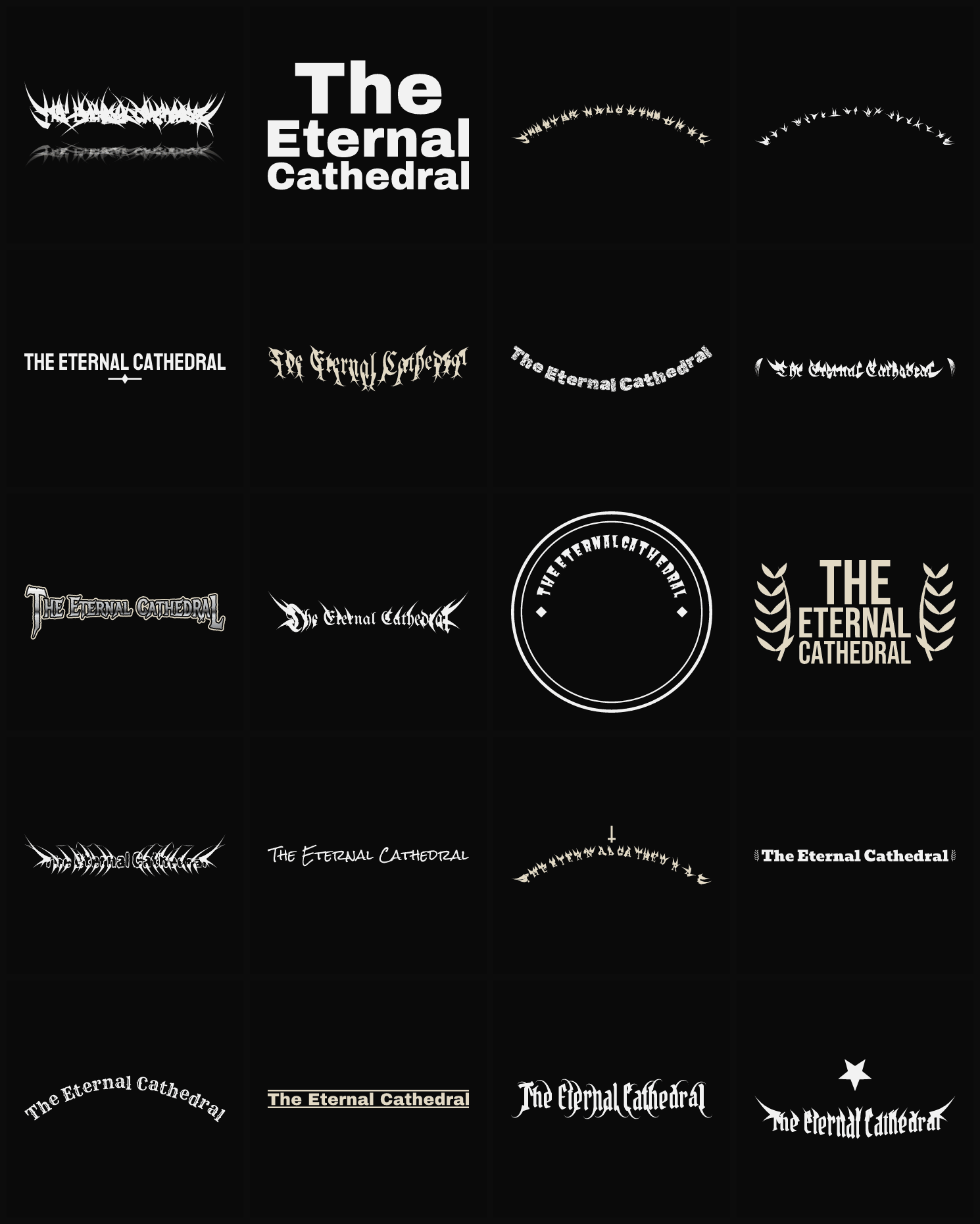 Twenty The Eternal Cathedral band logo ideas — different faces, treatments and spike settings