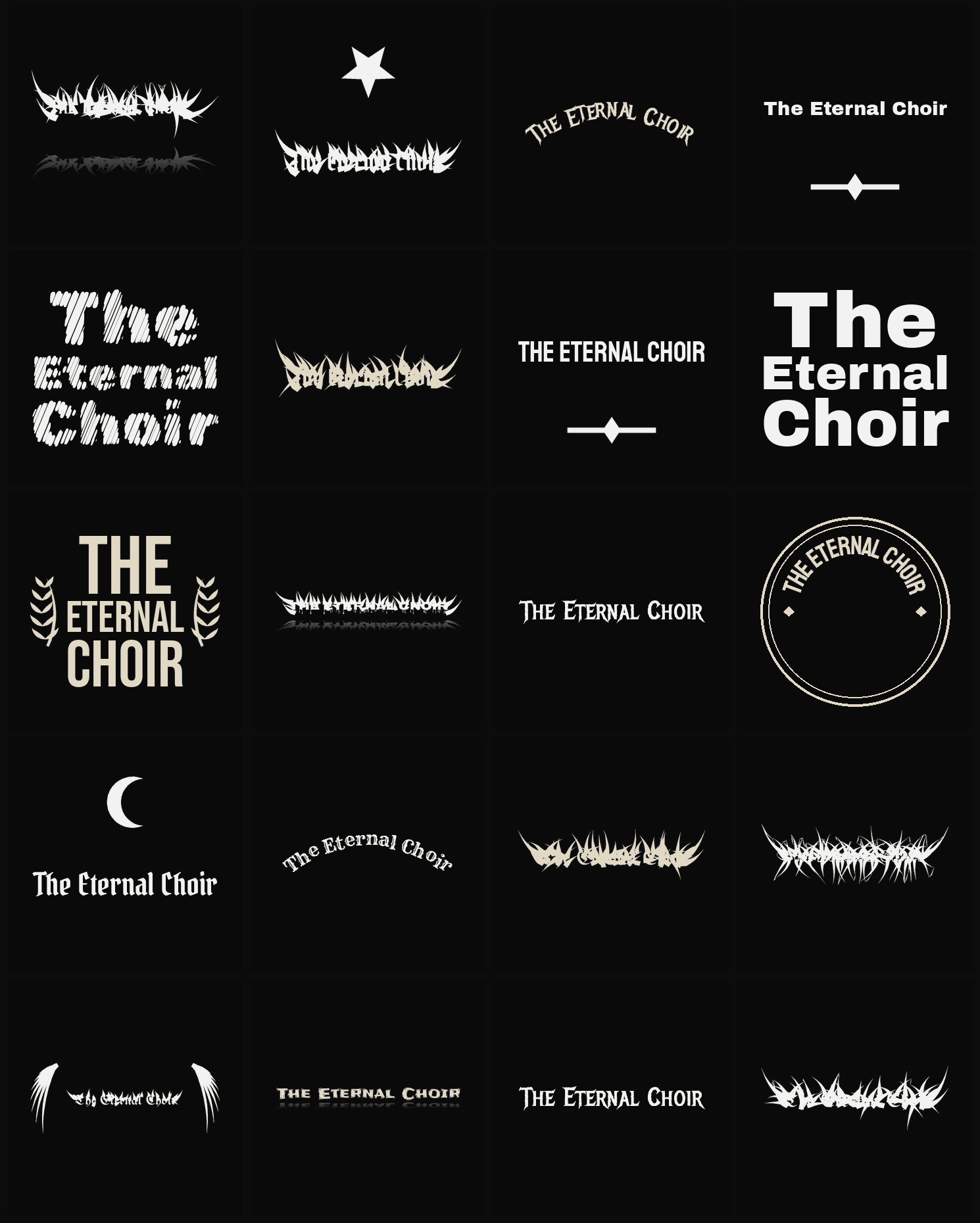 Twenty The Eternal Choir band logo ideas — different faces, treatments and spike settings