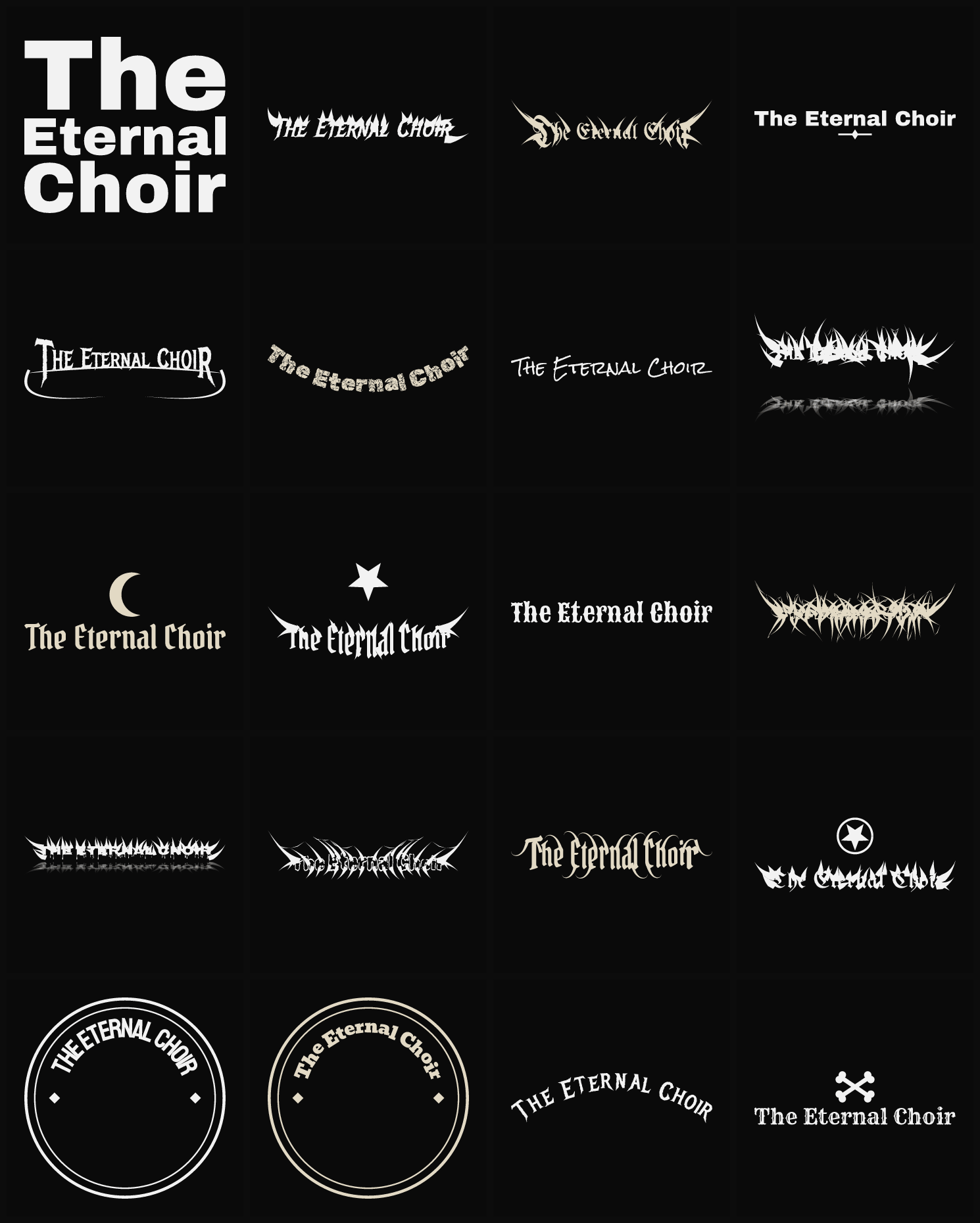 Twenty The Eternal Choir band logo ideas — different faces, treatments and spike settings