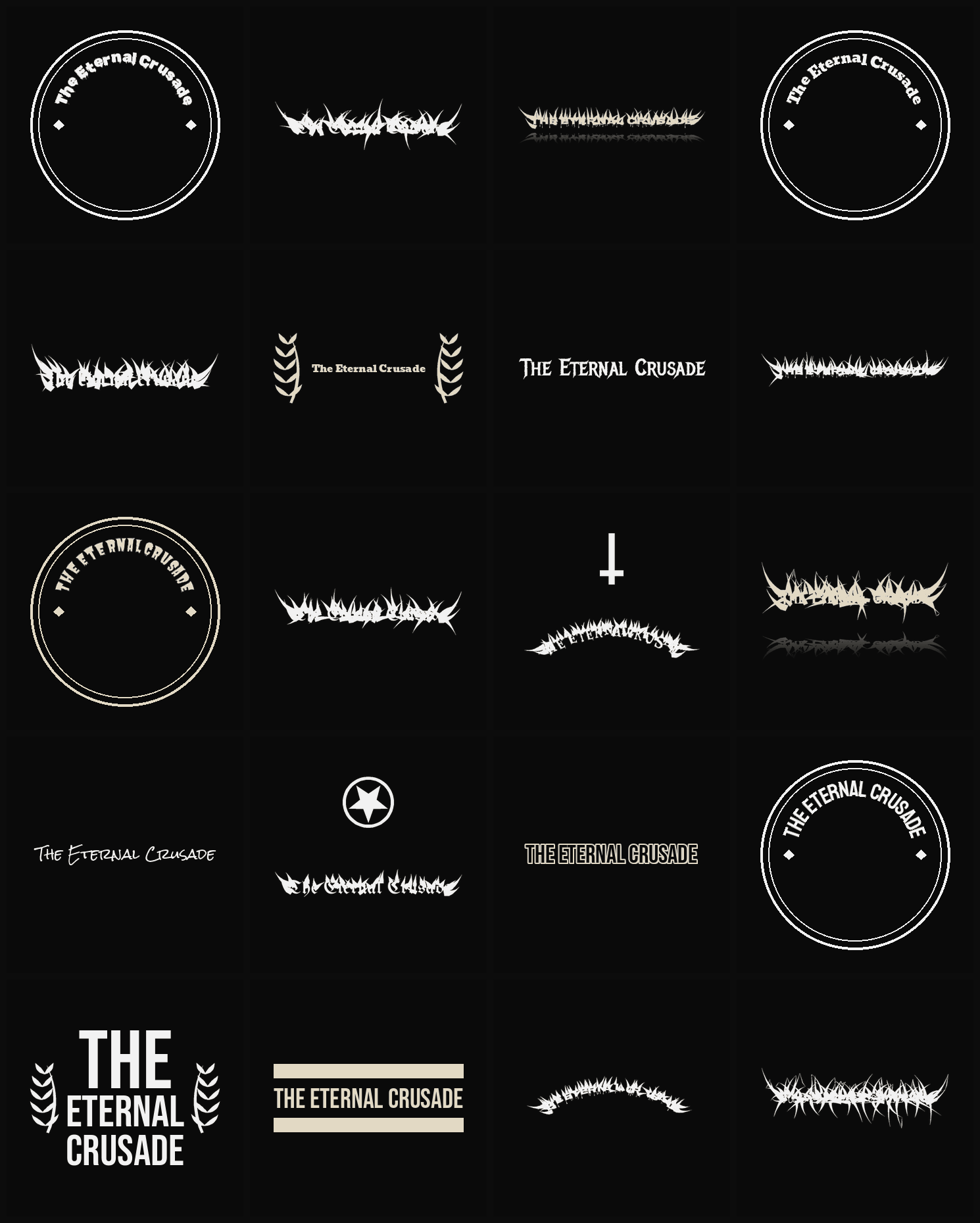 Twenty The Eternal Crusade band logo ideas — different faces, treatments and spike settings