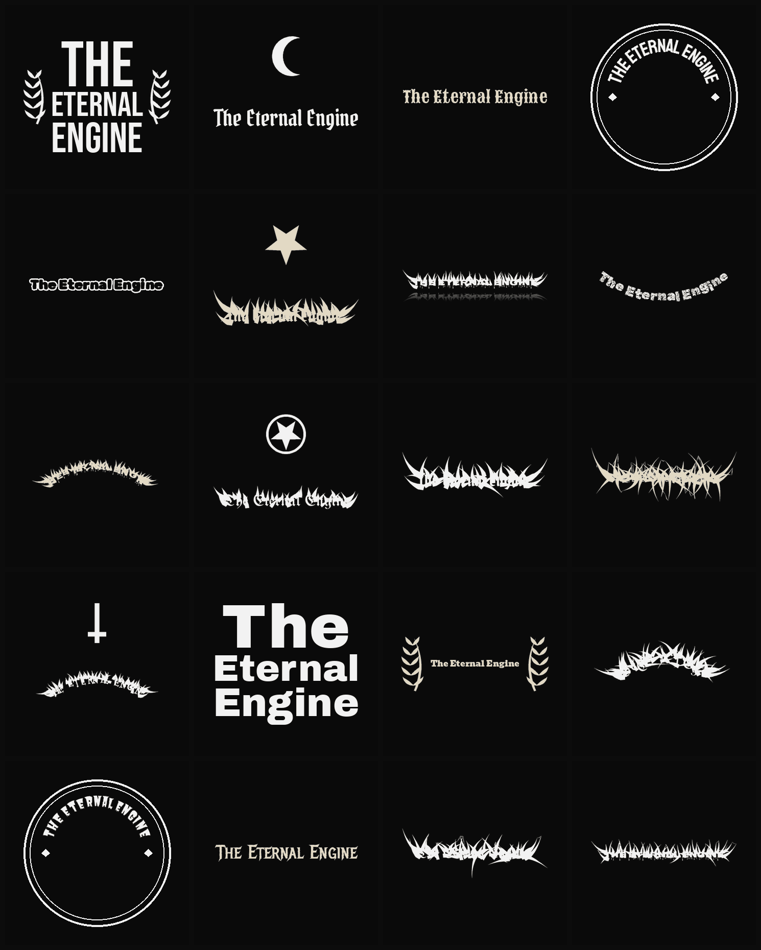Twenty The Eternal Engine band logo ideas — different faces, treatments and spike settings