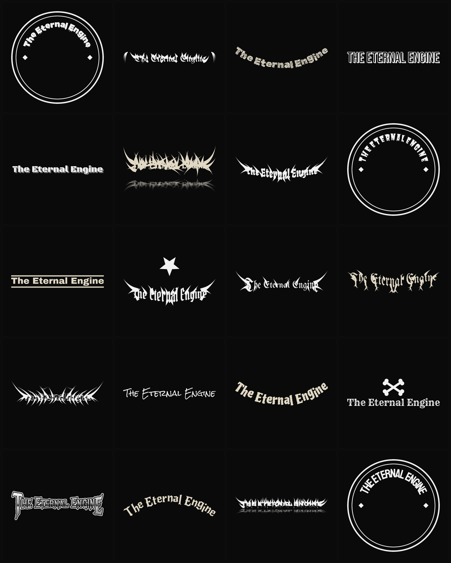 Twenty The Eternal Engine band logo ideas — different faces, treatments and spike settings
