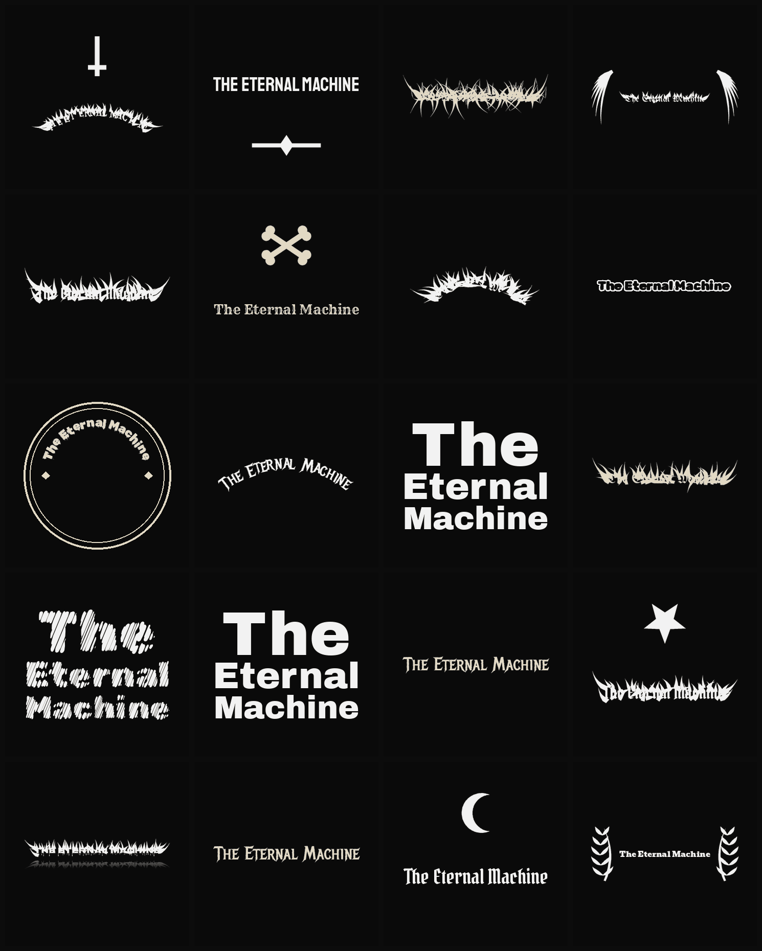 Twenty The Eternal Machine band logo ideas — different faces, treatments and spike settings