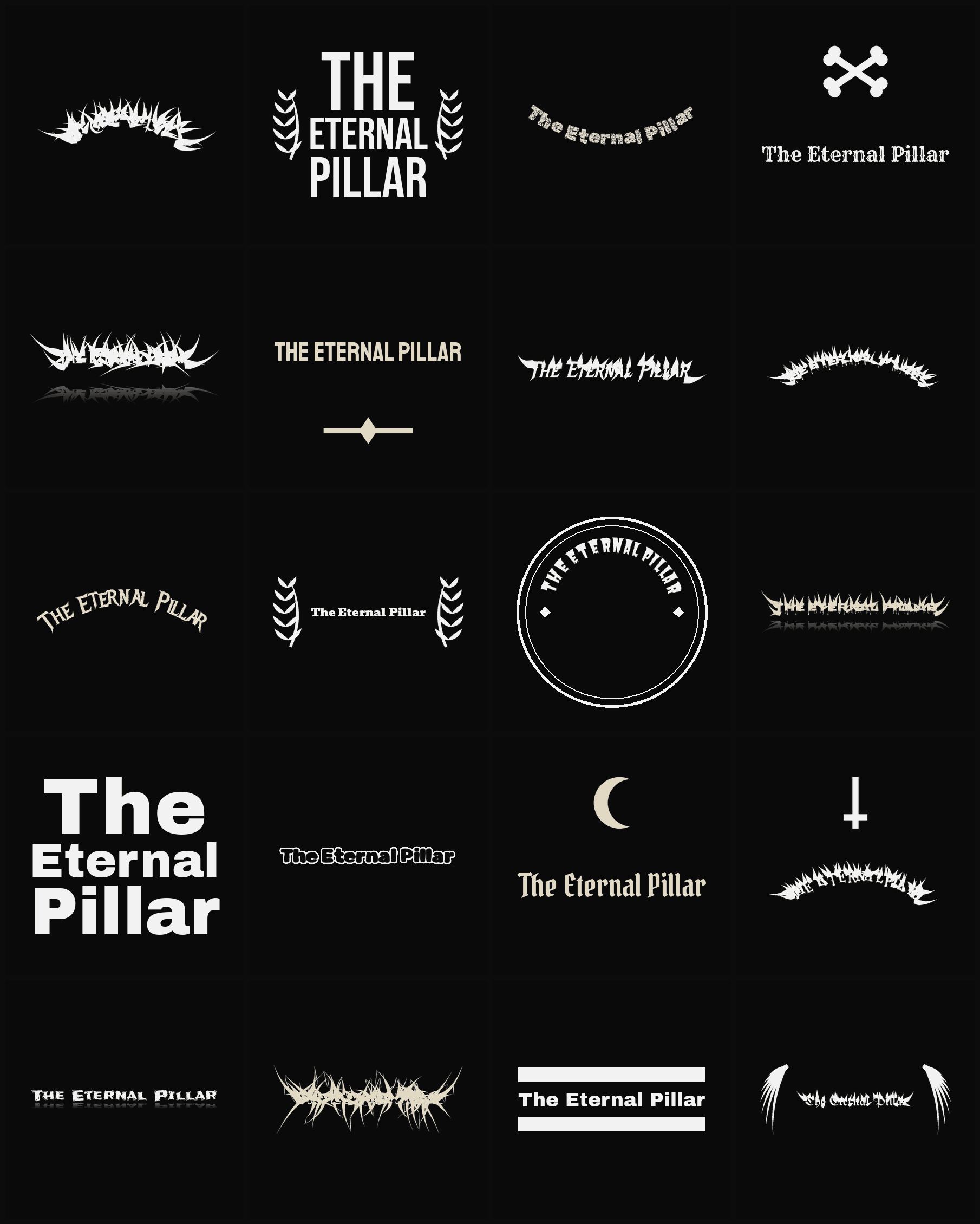 Twenty The Eternal Pillar band logo ideas — different faces, treatments and spike settings