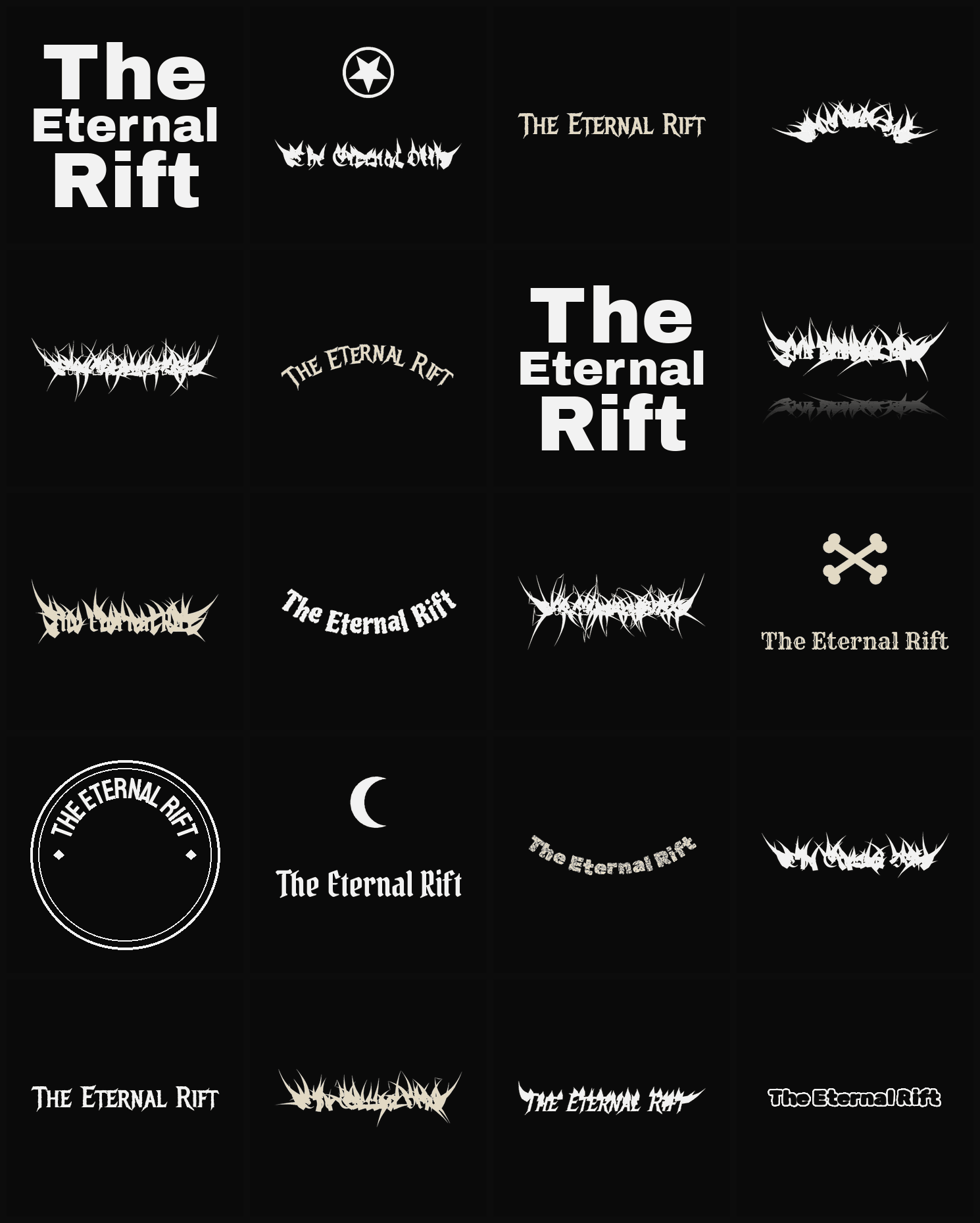 Twenty The Eternal Rift band logo ideas — different faces, treatments and spike settings