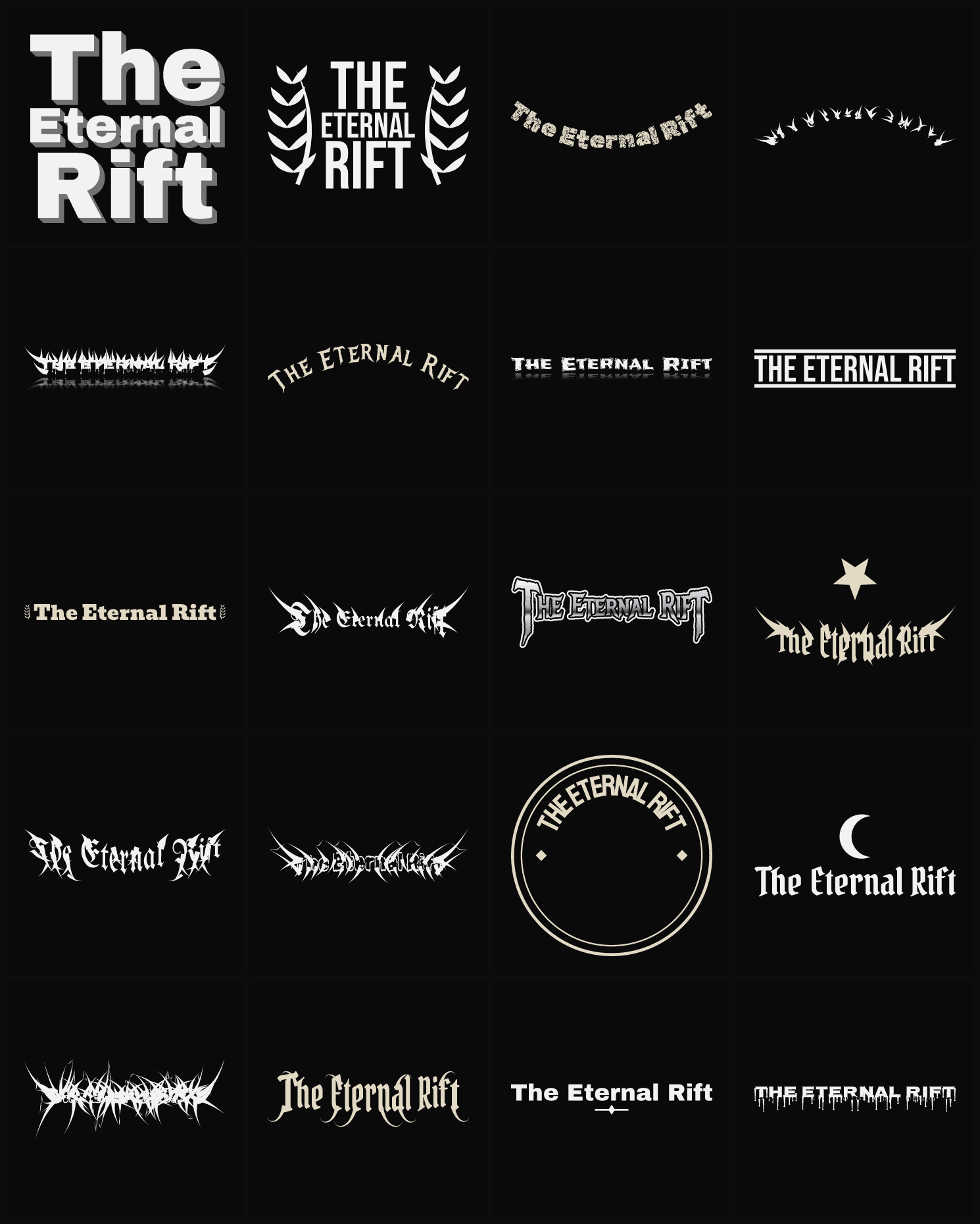 Twenty The Eternal Rift band logo ideas — different faces, treatments and spike settings
