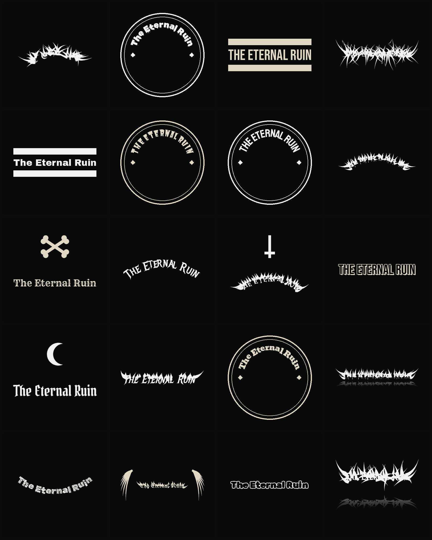 Twenty The Eternal Ruin band logo ideas — different faces, treatments and spike settings