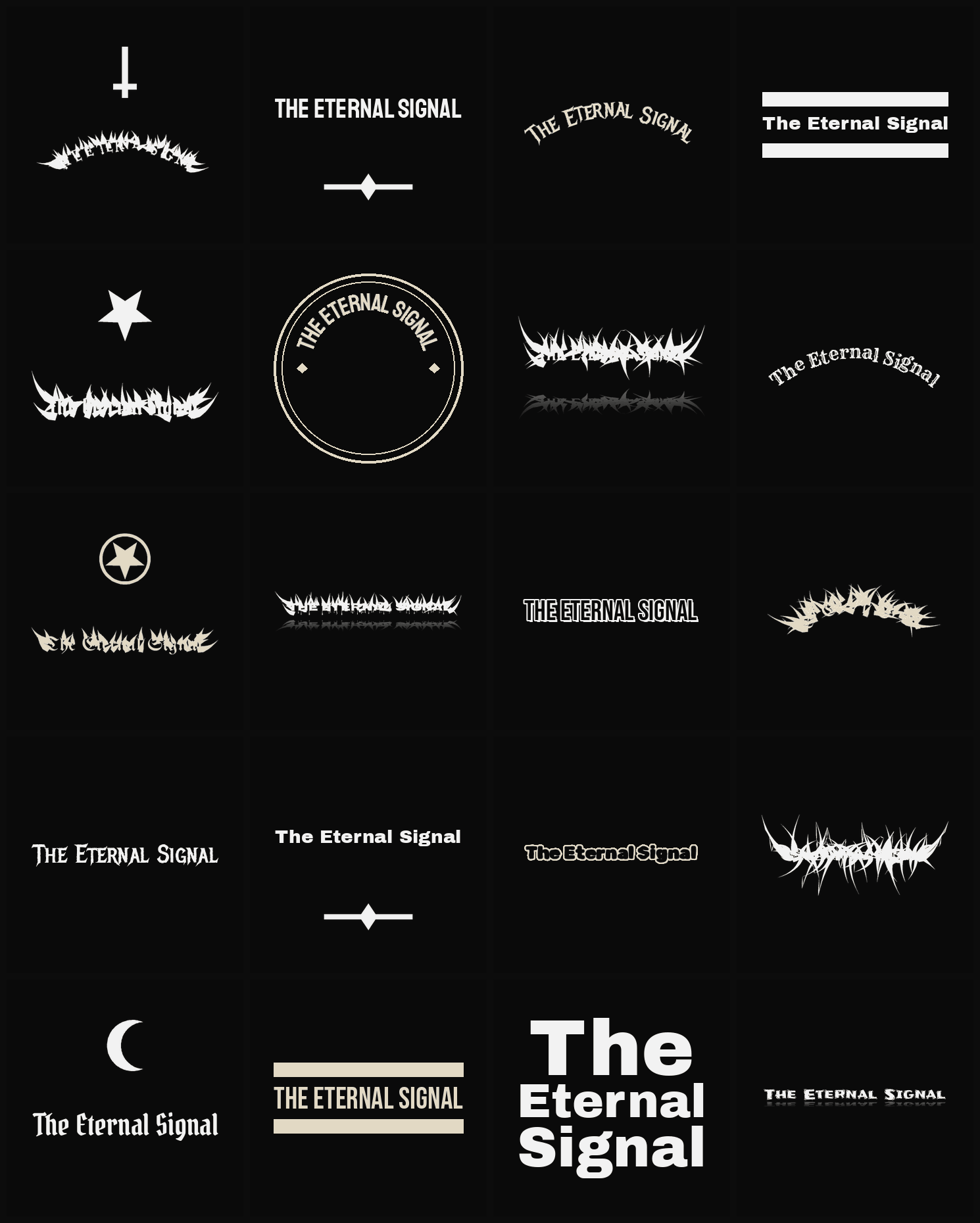Twenty The Eternal Signal band logo ideas — different faces, treatments and spike settings
