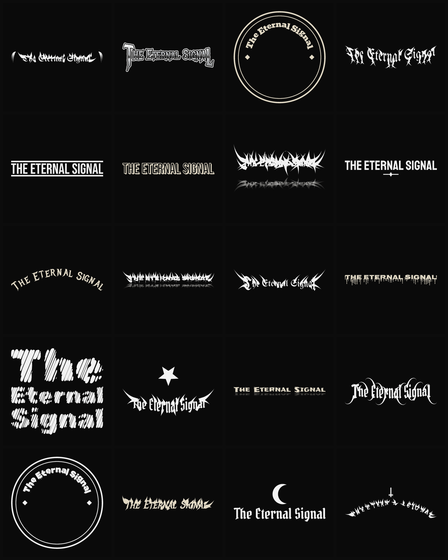 Twenty The Eternal Signal band logo ideas — different faces, treatments and spike settings