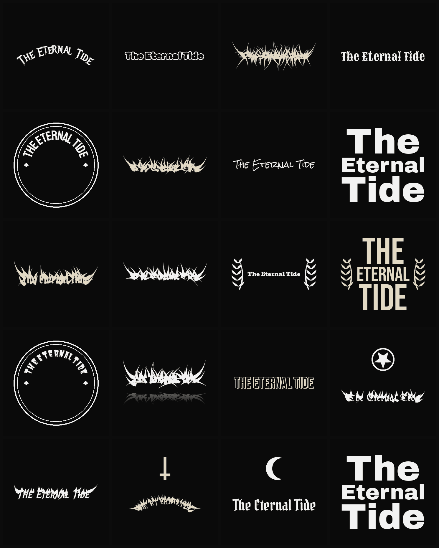 Twenty The Eternal Tide band logo ideas — different faces, treatments and spike settings