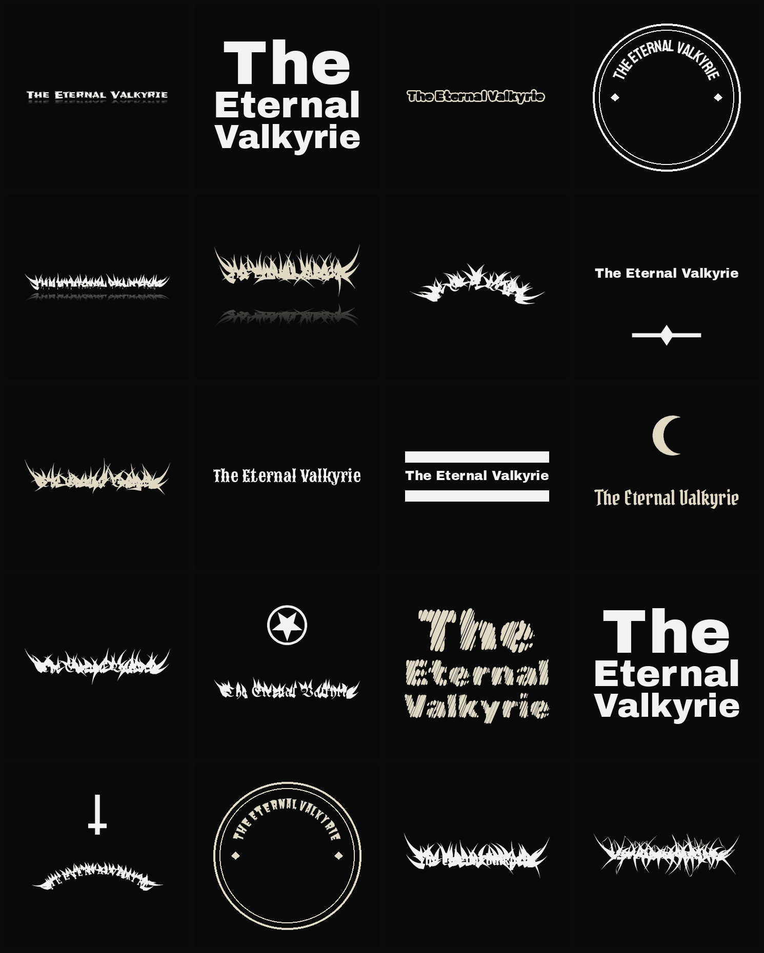 Twenty The Eternal Valkyrie band logo ideas — different faces, treatments and spike settings