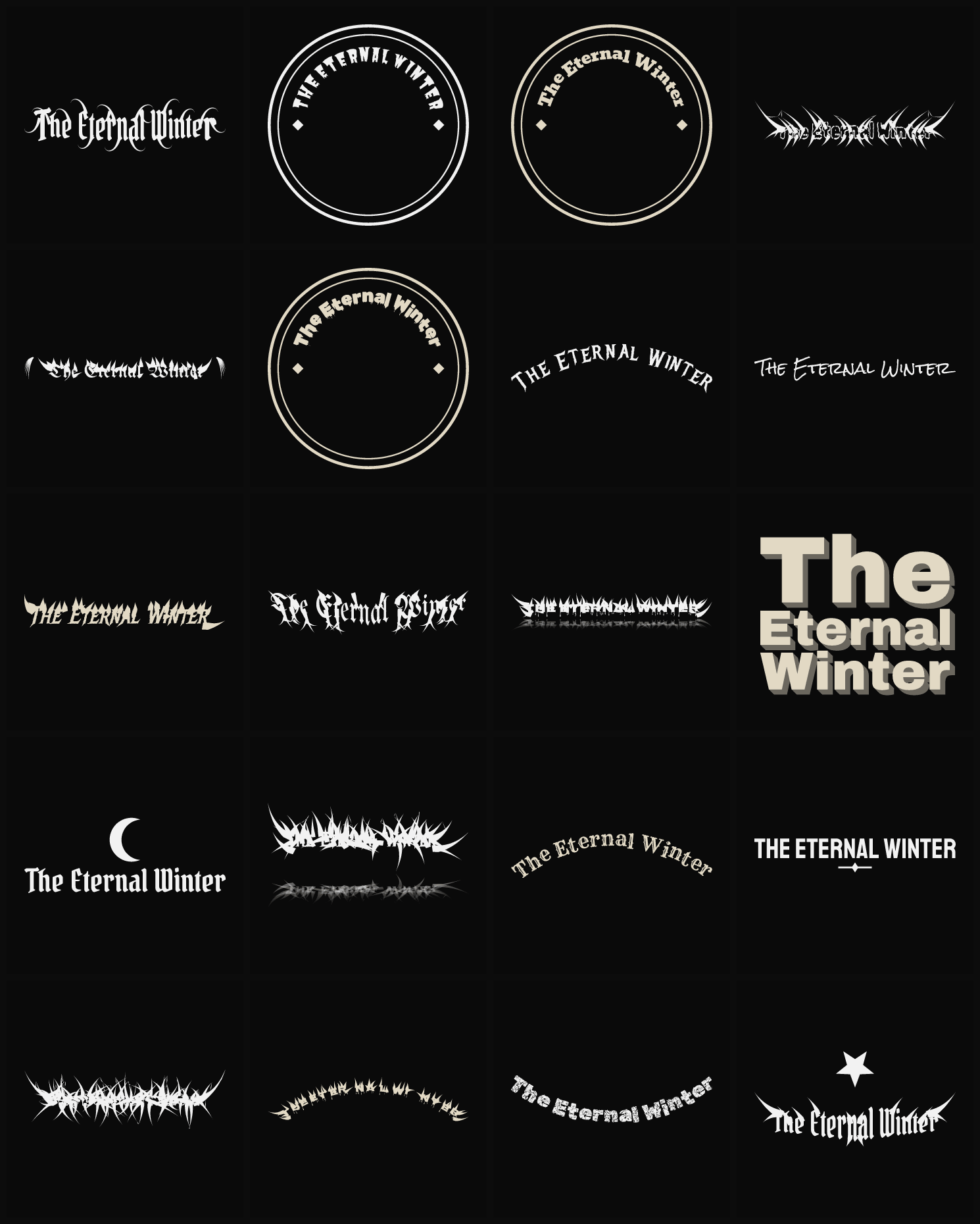 Twenty The Eternal Winter band logo ideas — different faces, treatments and spike settings