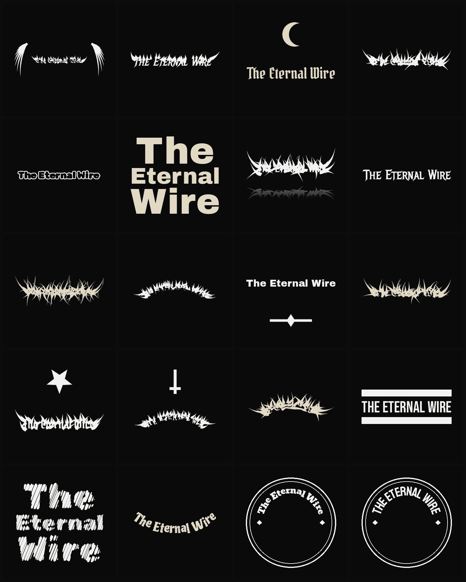 Twenty The Eternal Wire band logo ideas — different faces, treatments and spike settings
