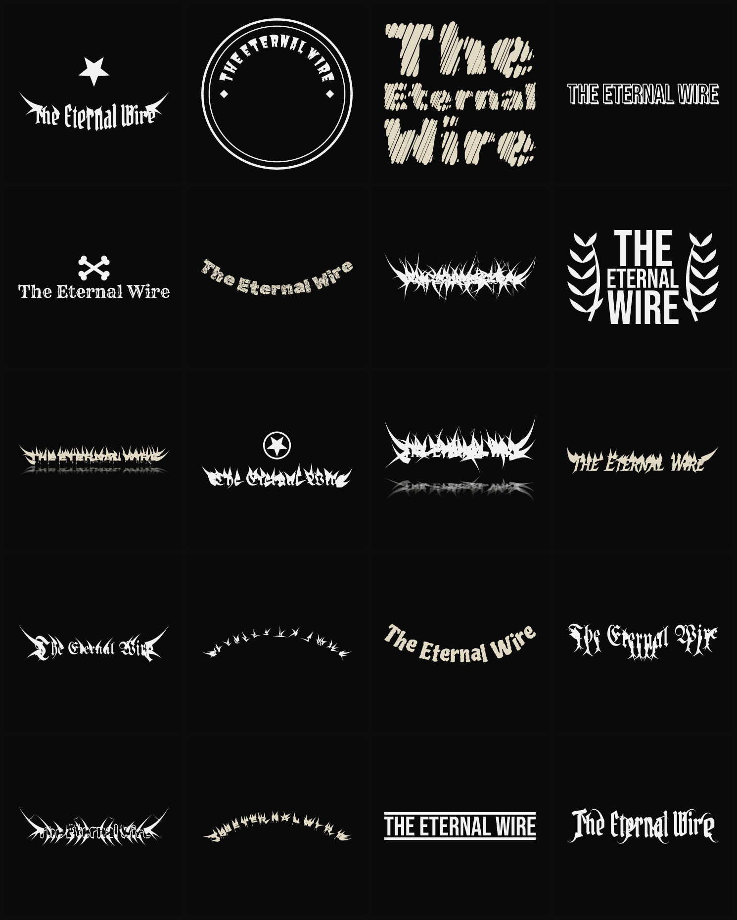 Twenty The Eternal Wire band logo ideas — different faces, treatments and spike settings