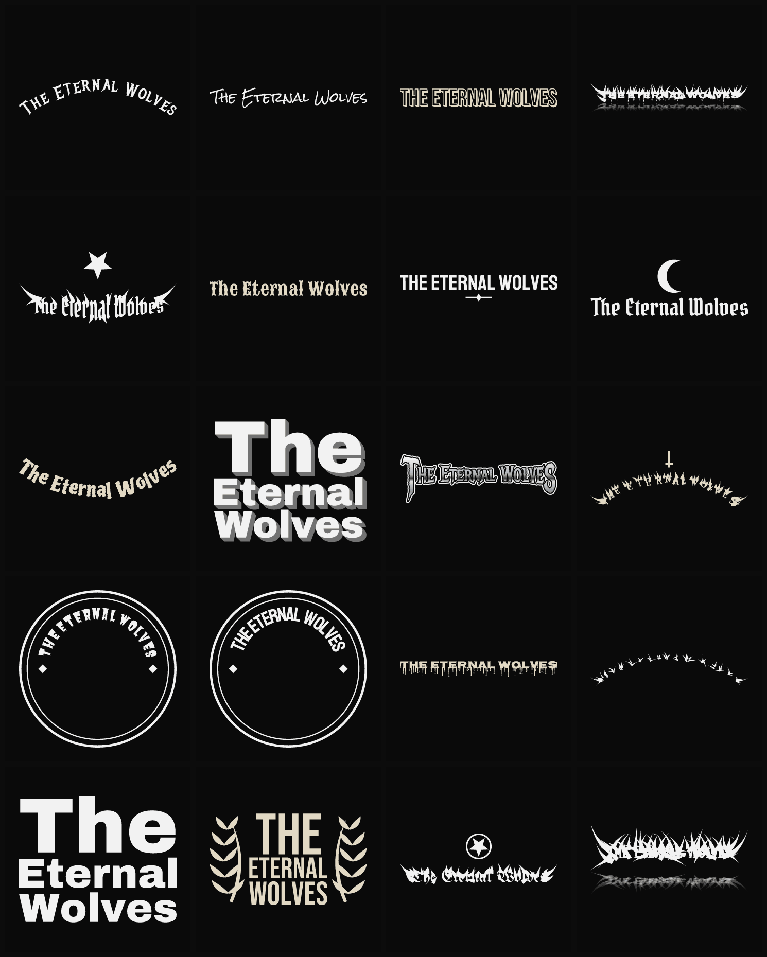 Twenty The Eternal Wolves band logo ideas — different faces, treatments and spike settings