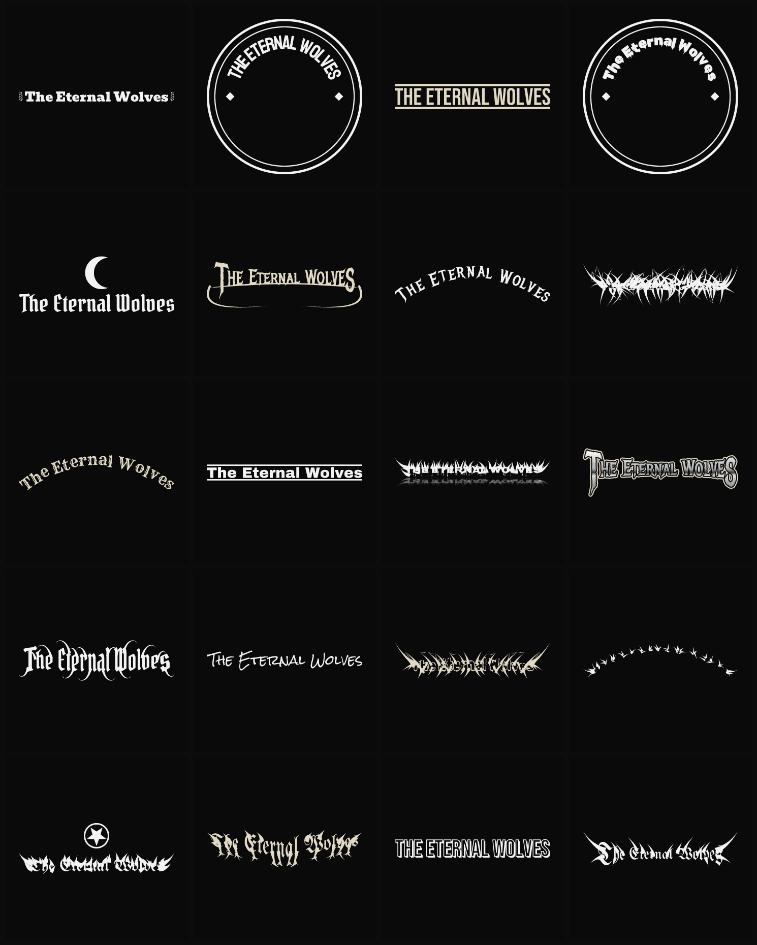 Twenty The Eternal Wolves band logo ideas — different faces, treatments and spike settings