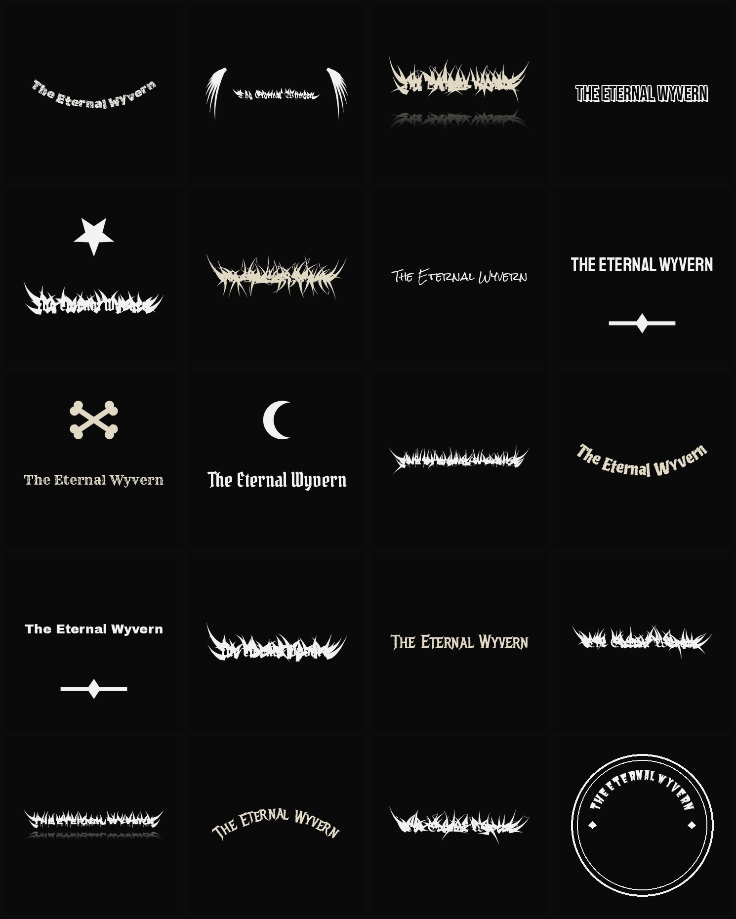 Twenty The Eternal Wyvern band logo ideas — different faces, treatments and spike settings