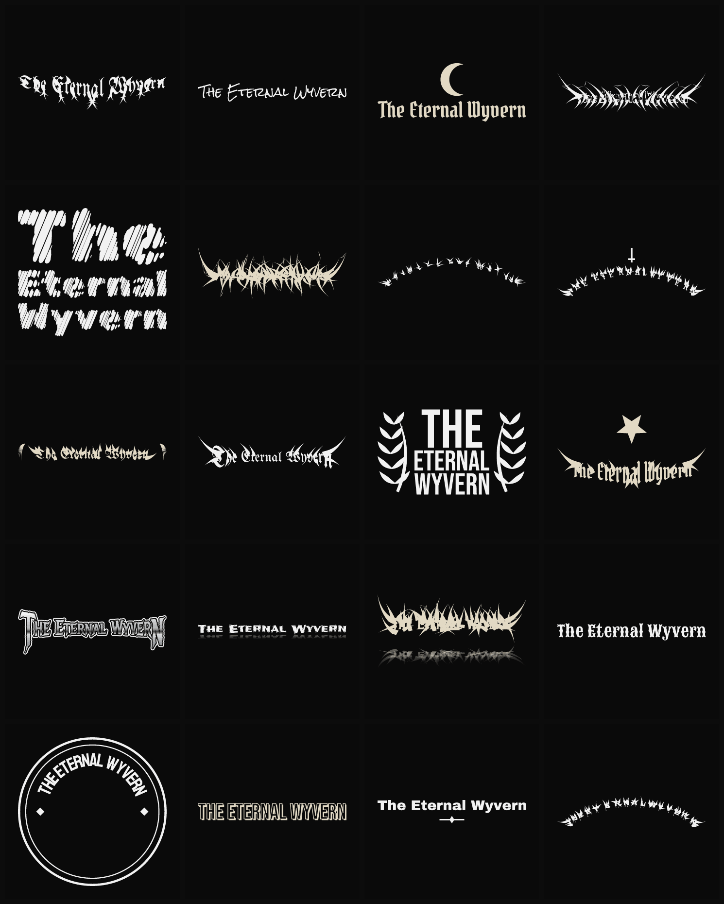 Twenty The Eternal Wyvern band logo ideas — different faces, treatments and spike settings