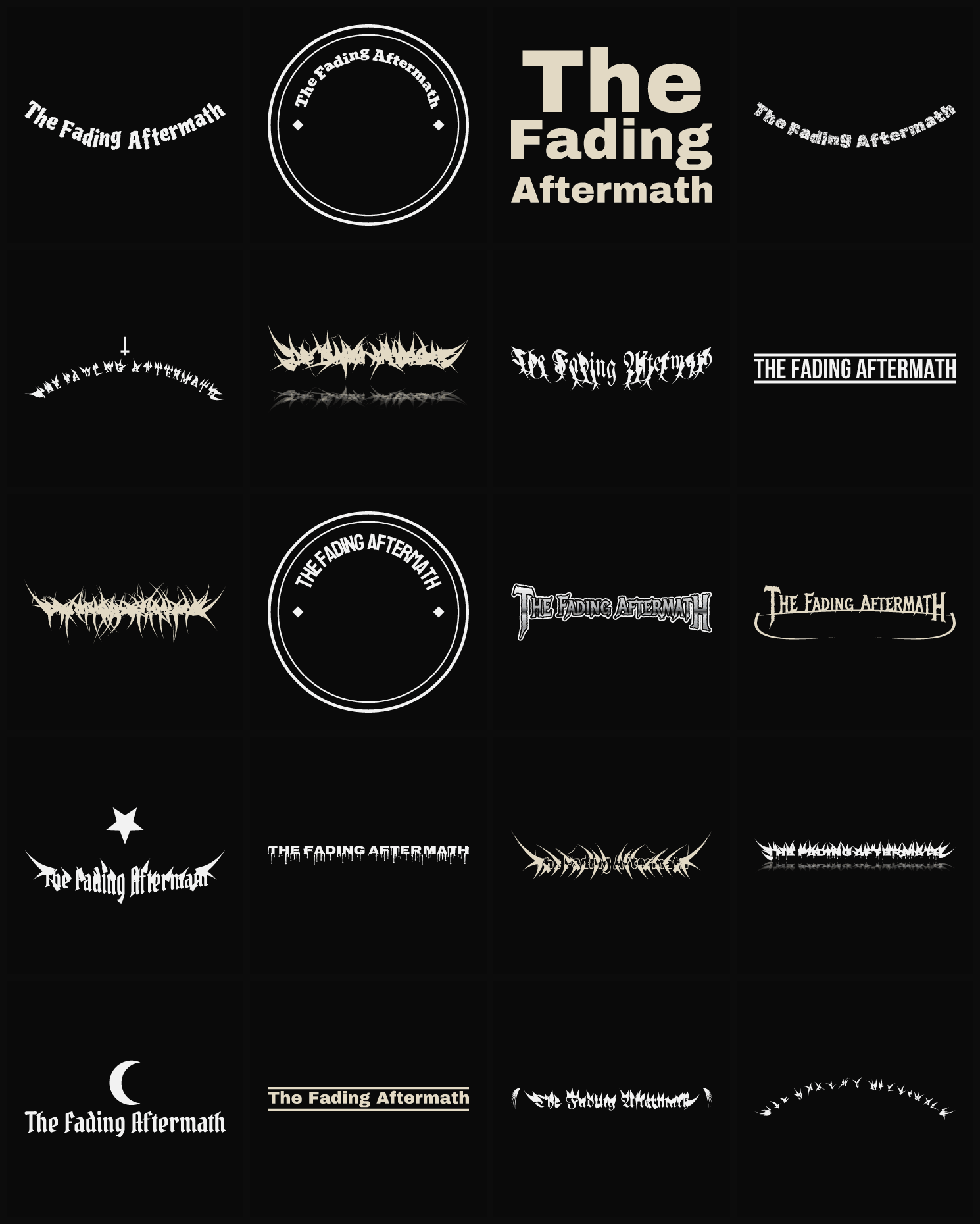 Twenty The Fading Aftermath band logo ideas — different faces, treatments and spike settings