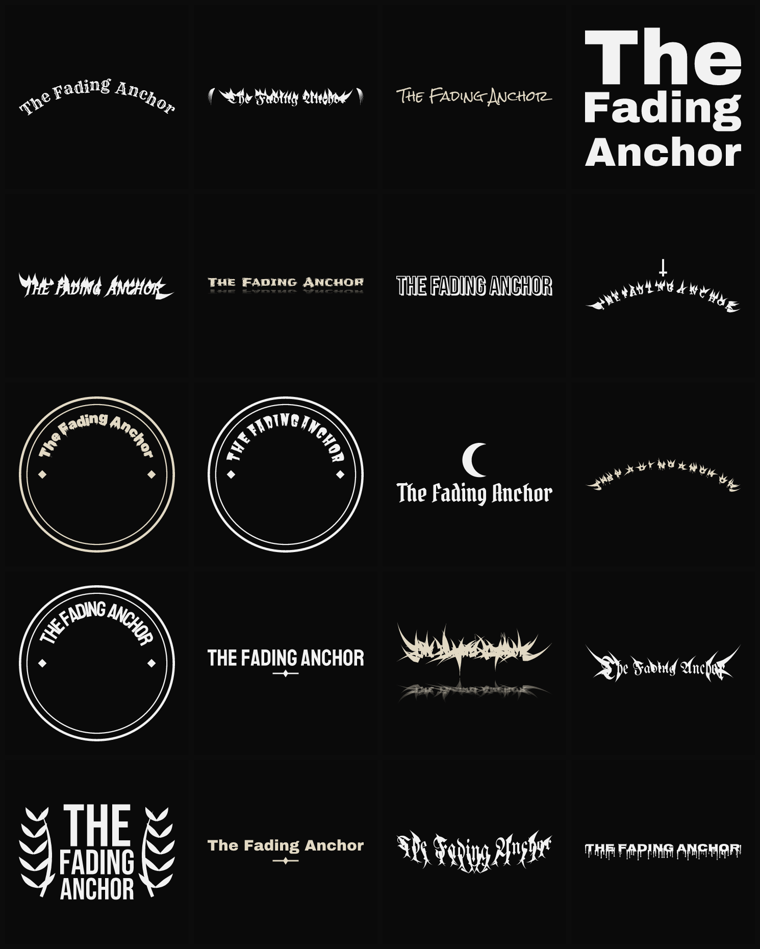 Twenty The Fading Anchor band logo ideas — different faces, treatments and spike settings