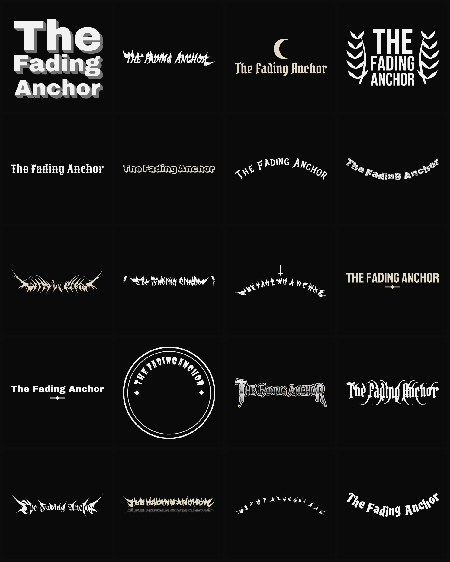 Twenty The Fading Anchor band logo ideas — different faces, treatments and spike settings