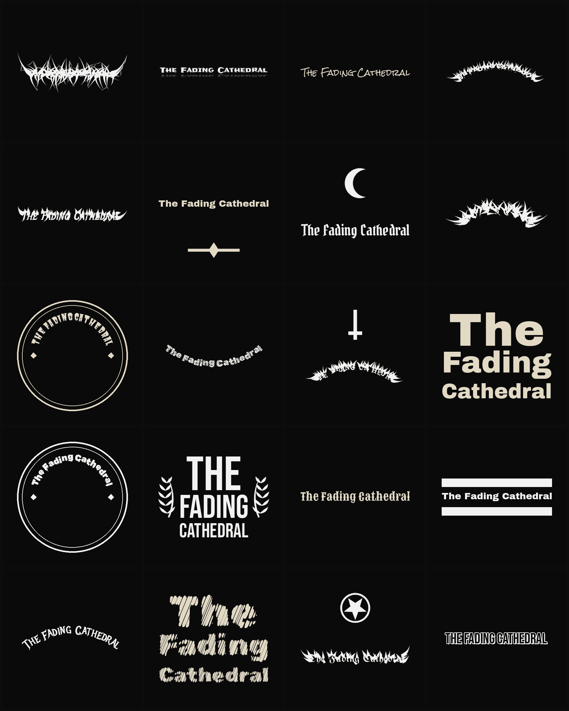 Twenty The Fading Cathedral band logo ideas — different faces, treatments and spike settings