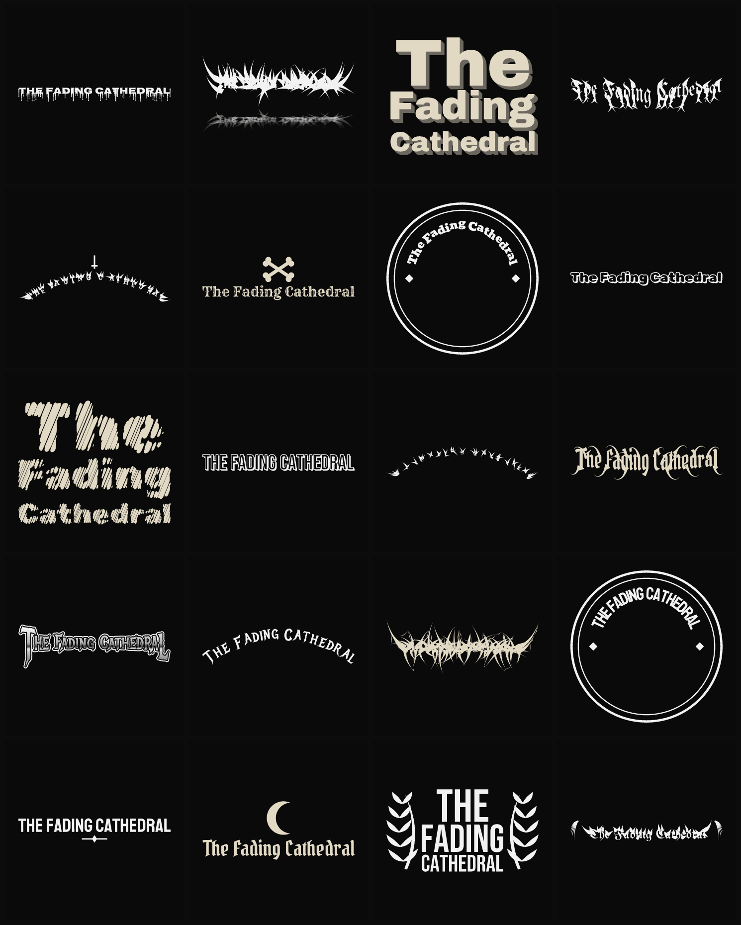 Twenty The Fading Cathedral band logo ideas — different faces, treatments and spike settings