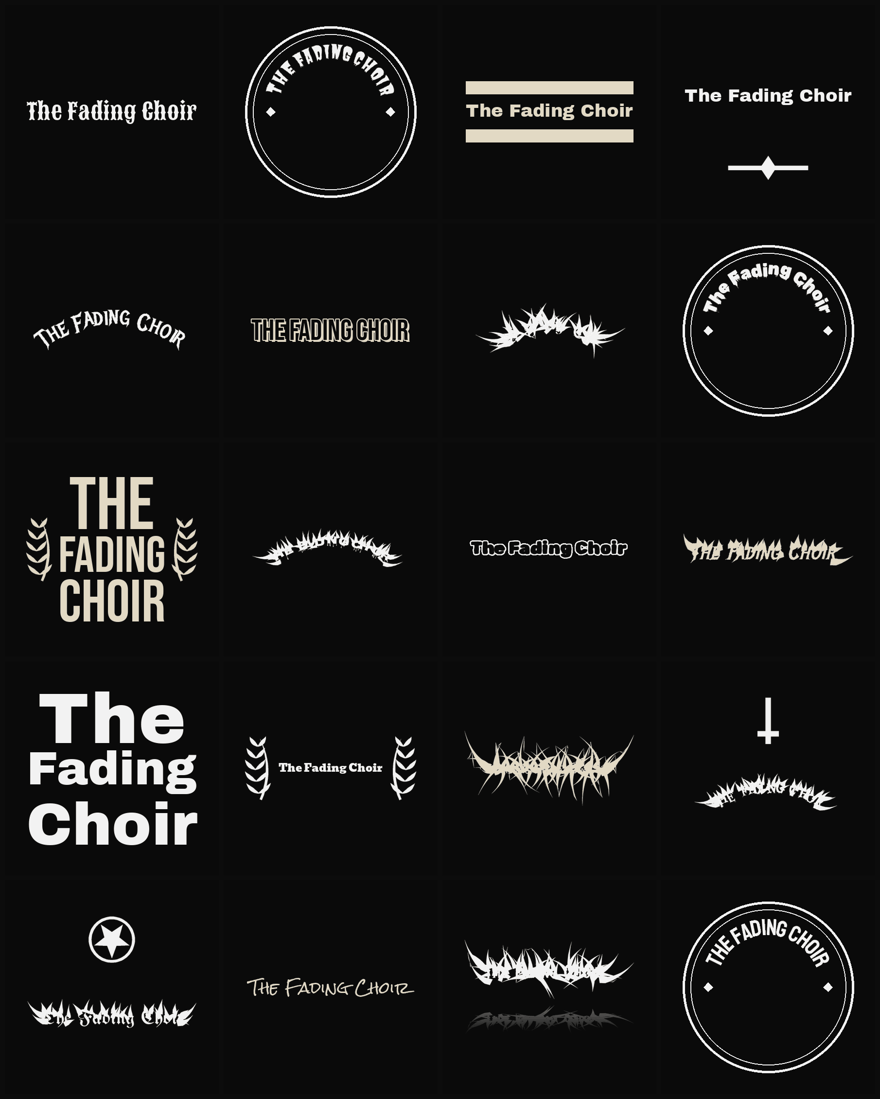 Twenty The Fading Choir band logo ideas — different faces, treatments and spike settings