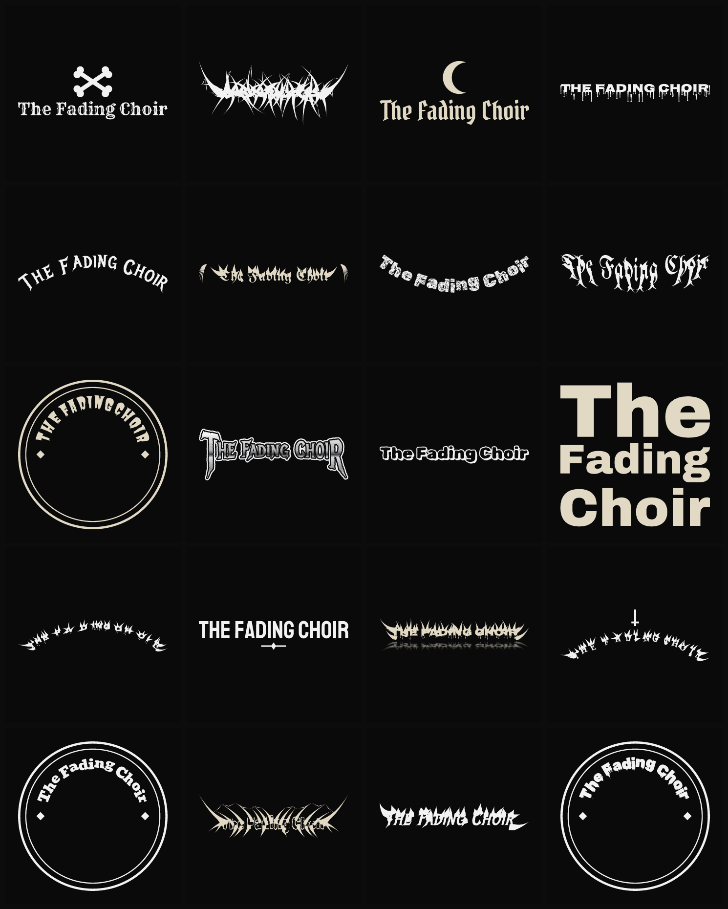 Twenty The Fading Choir band logo ideas — different faces, treatments and spike settings
