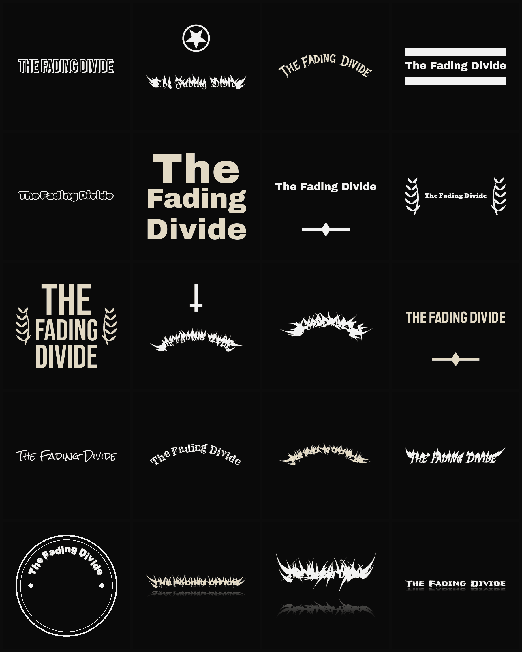 Twenty The Fading Divide band logo ideas — different faces, treatments and spike settings