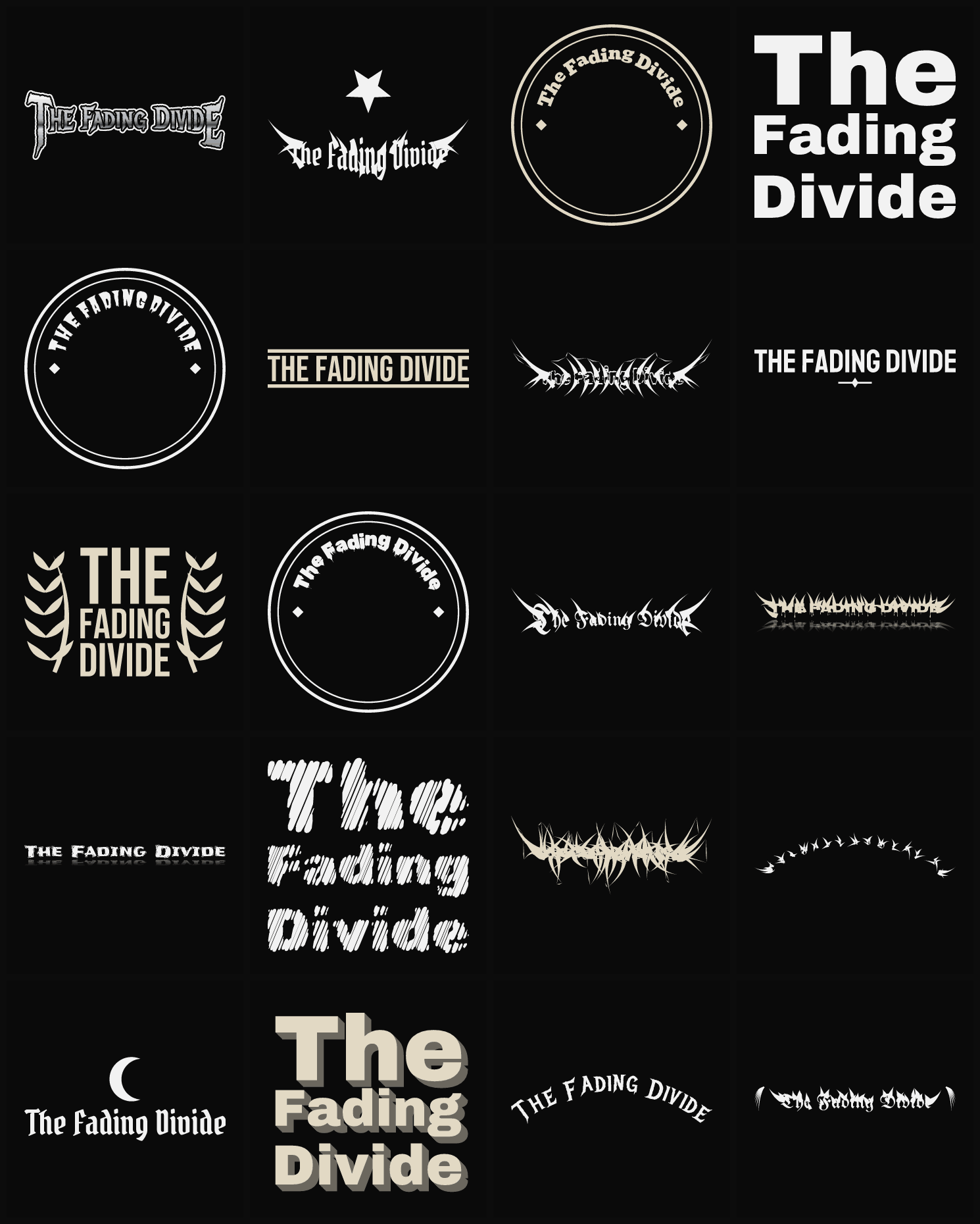 Twenty The Fading Divide band logo ideas — different faces, treatments and spike settings