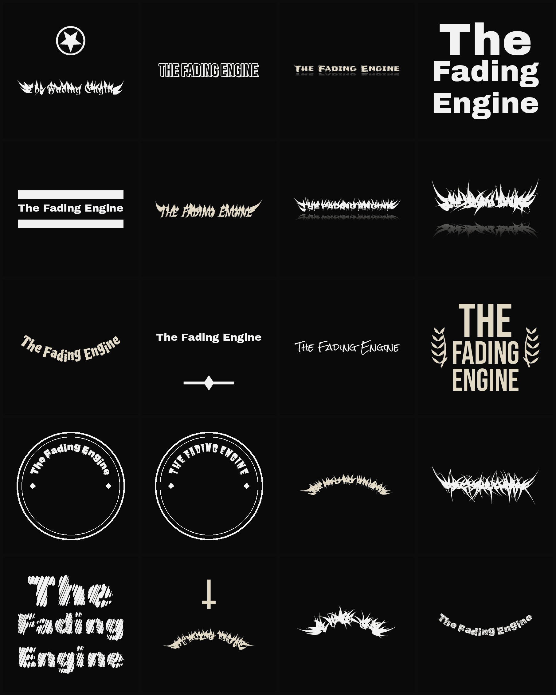 Twenty The Fading Engine band logo ideas — different faces, treatments and spike settings