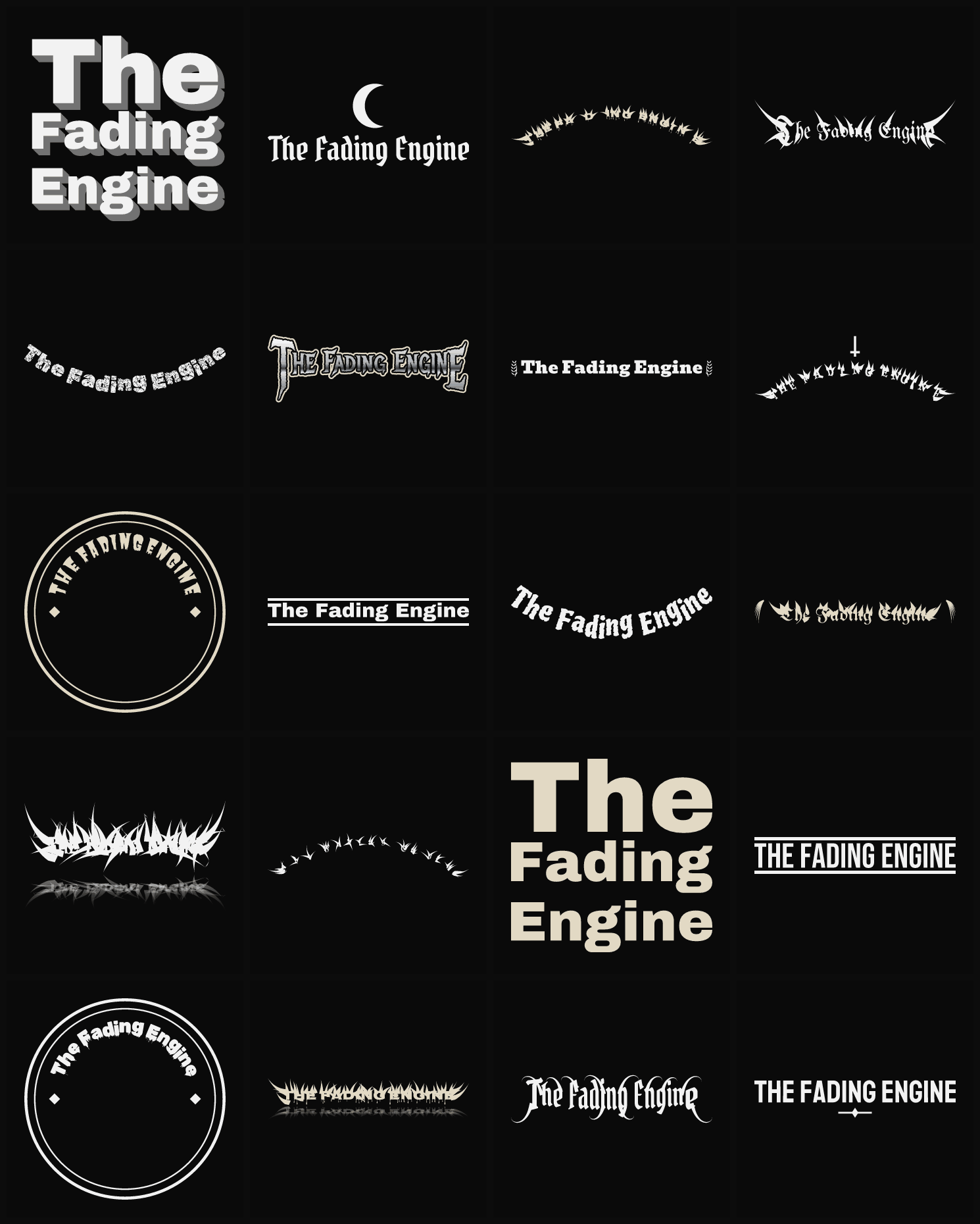 Twenty The Fading Engine band logo ideas — different faces, treatments and spike settings