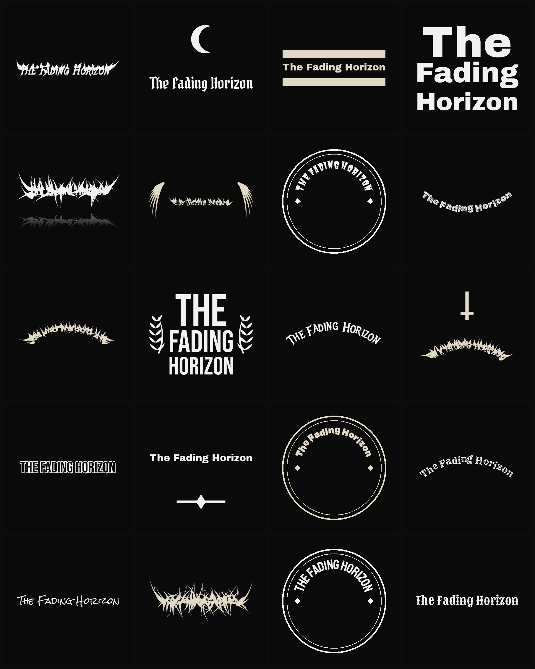 Twenty The Fading Horizon band logo ideas — different faces, treatments and spike settings