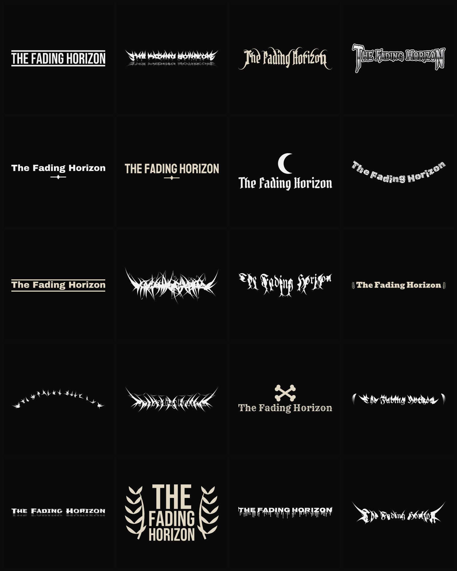 Twenty The Fading Horizon band logo ideas — different faces, treatments and spike settings