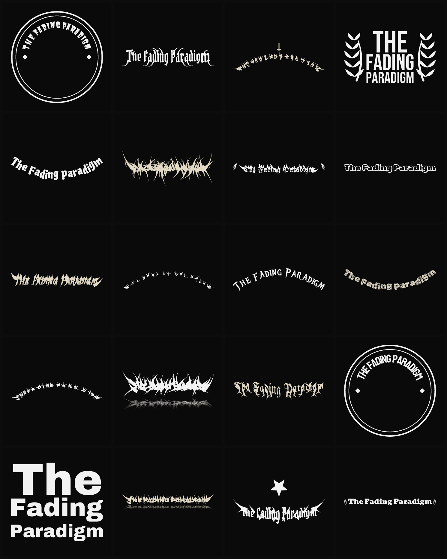 Twenty The Fading Paradigm band logo ideas — different faces, treatments and spike settings