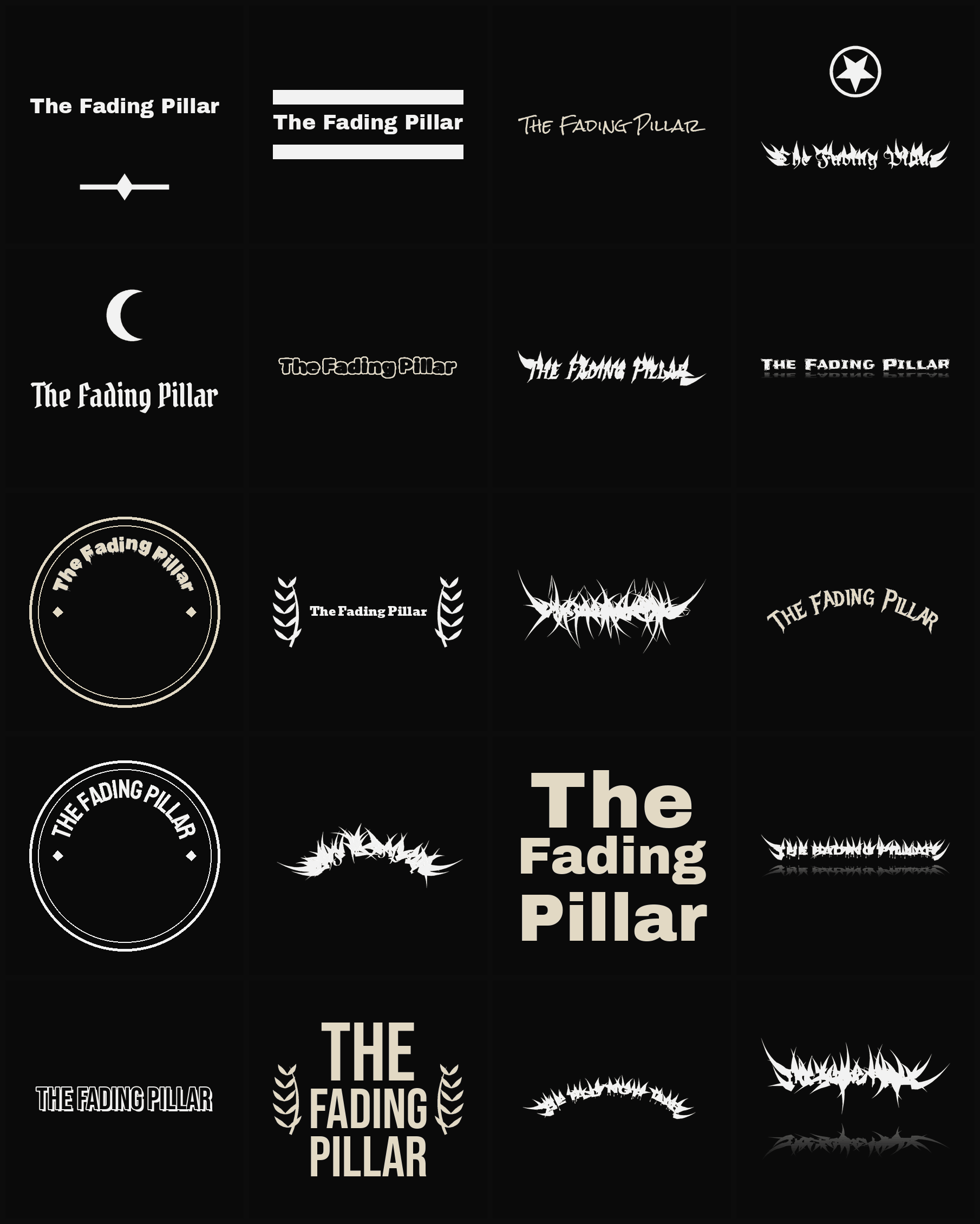 Twenty The Fading Pillar band logo ideas — different faces, treatments and spike settings
