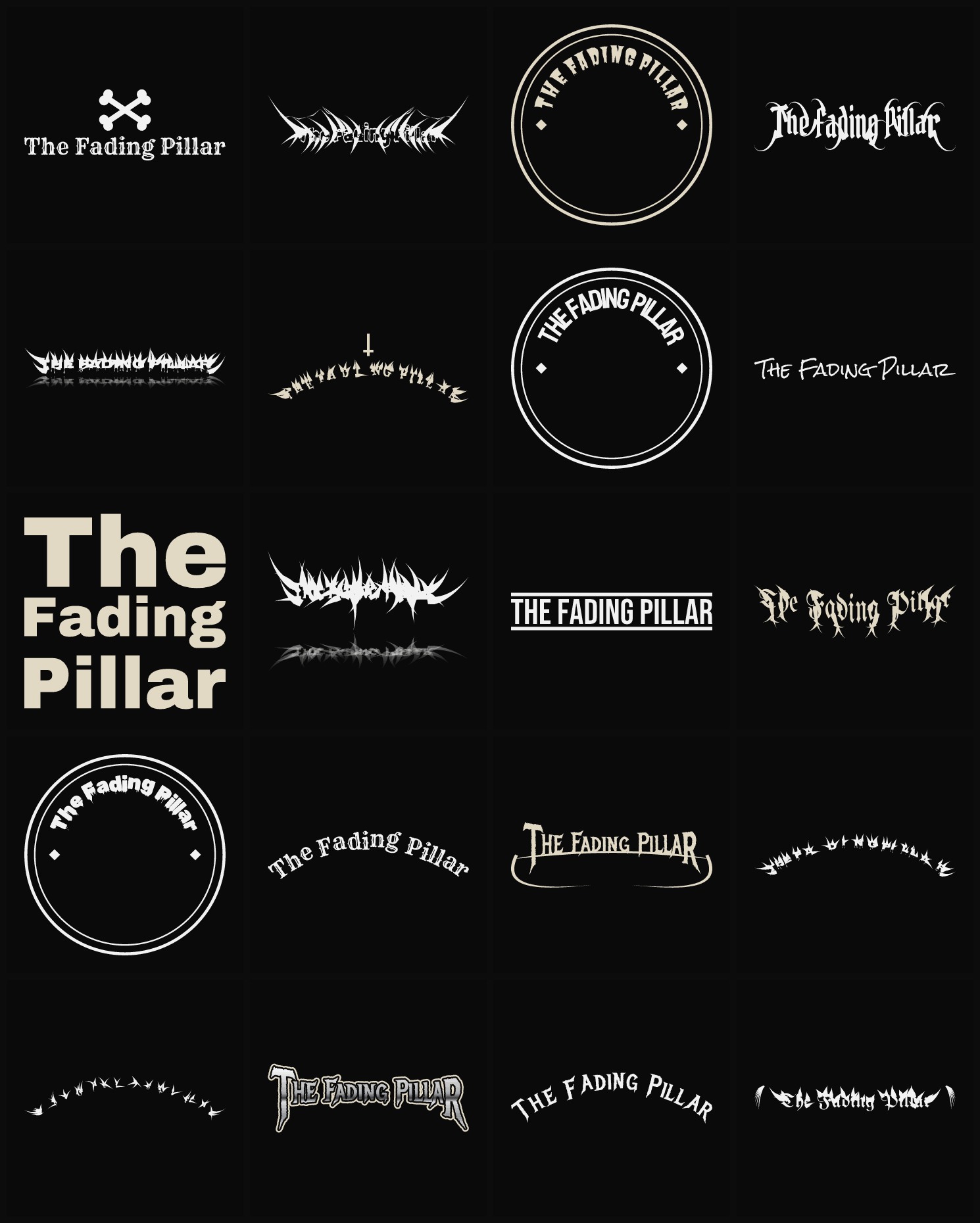Twenty The Fading Pillar band logo ideas — different faces, treatments and spike settings