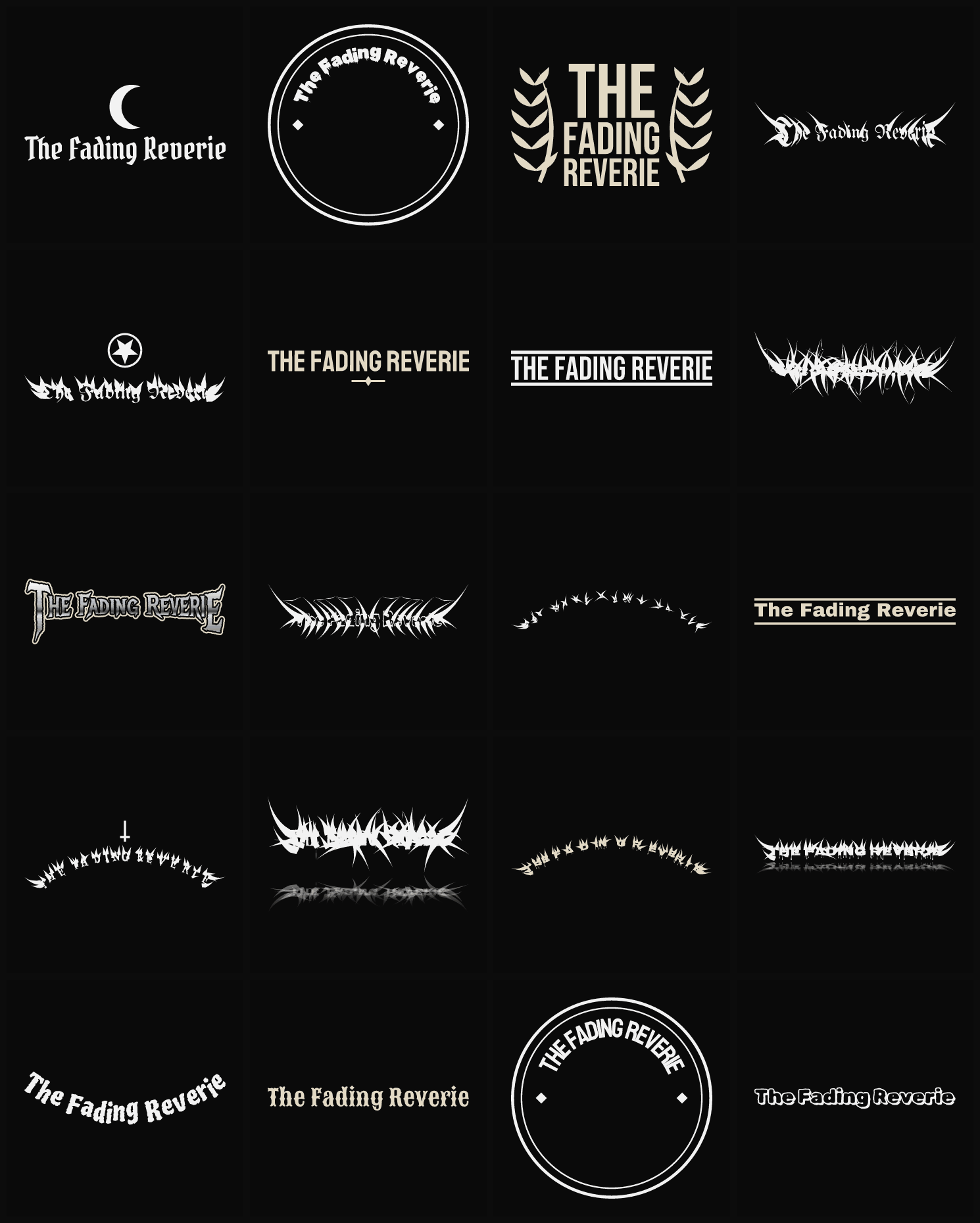 Twenty The Fading Reverie band logo ideas — different faces, treatments and spike settings