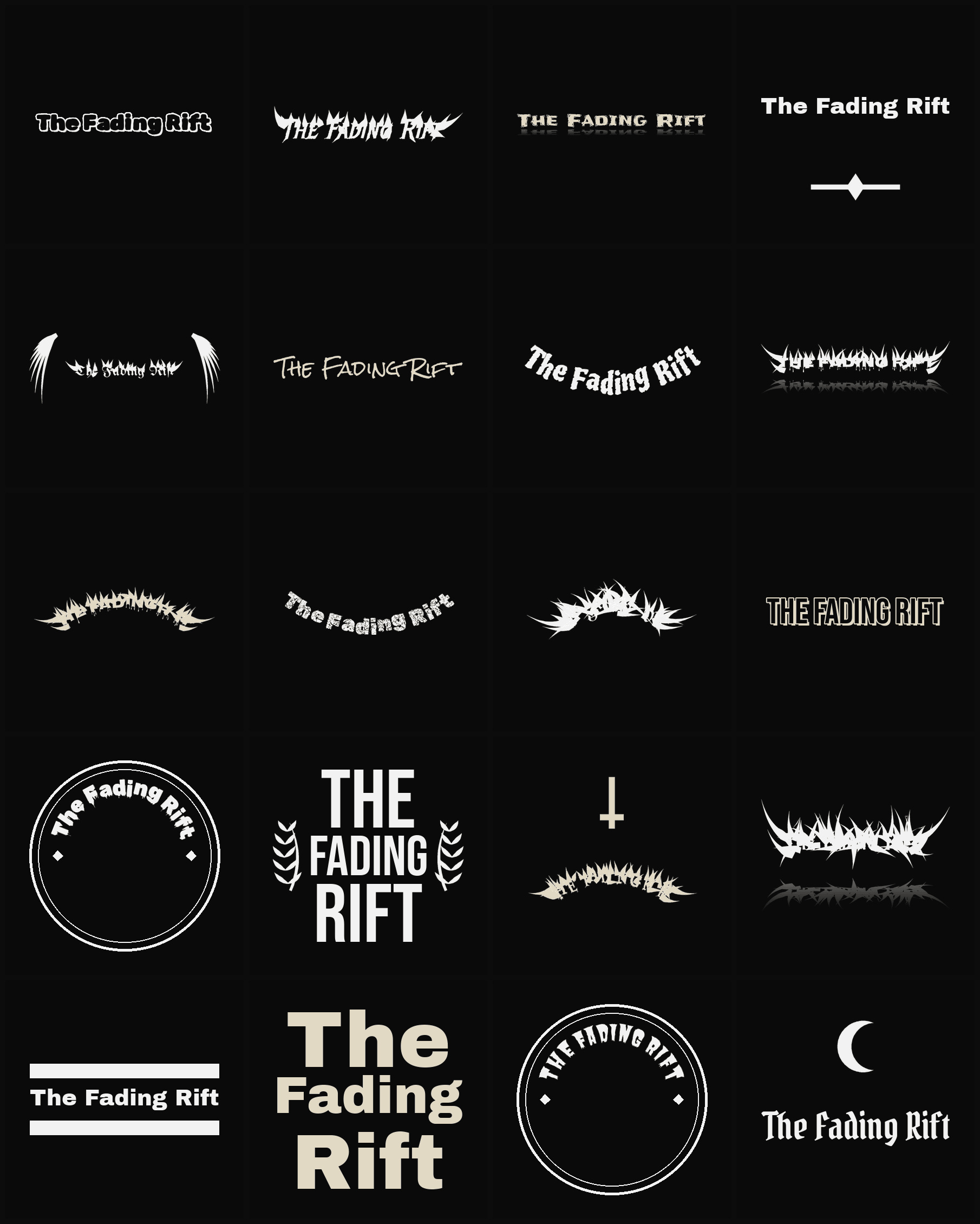 Twenty The Fading Rift band logo ideas — different faces, treatments and spike settings