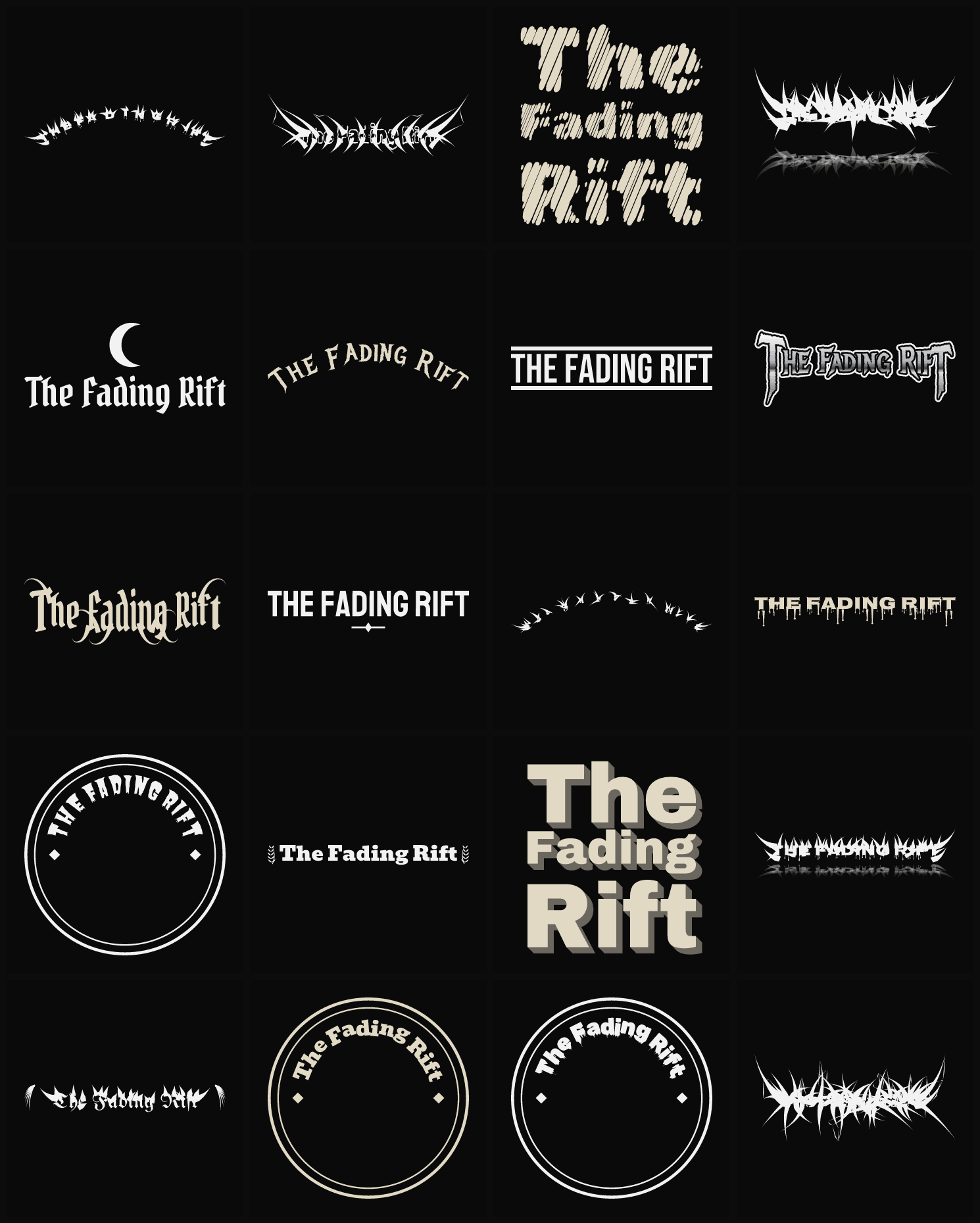 Twenty The Fading Rift band logo ideas — different faces, treatments and spike settings