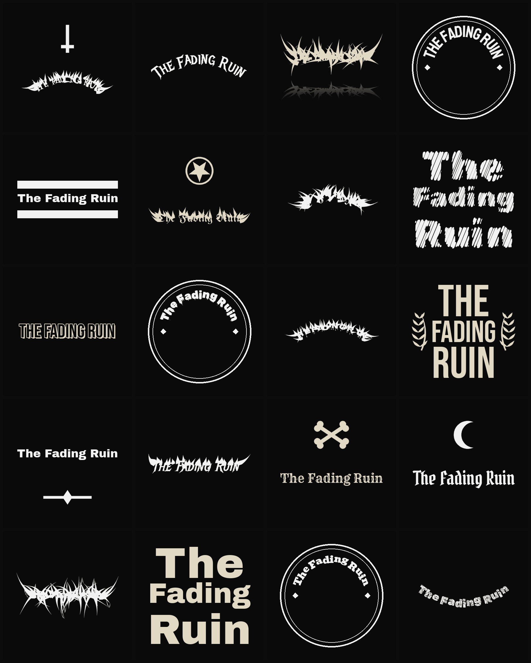 Twenty The Fading Ruin band logo ideas — different faces, treatments and spike settings