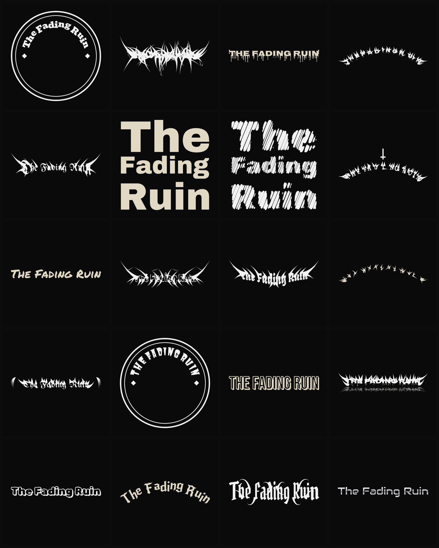 Twenty The Fading Ruin band logo ideas — different faces, treatments and spike settings